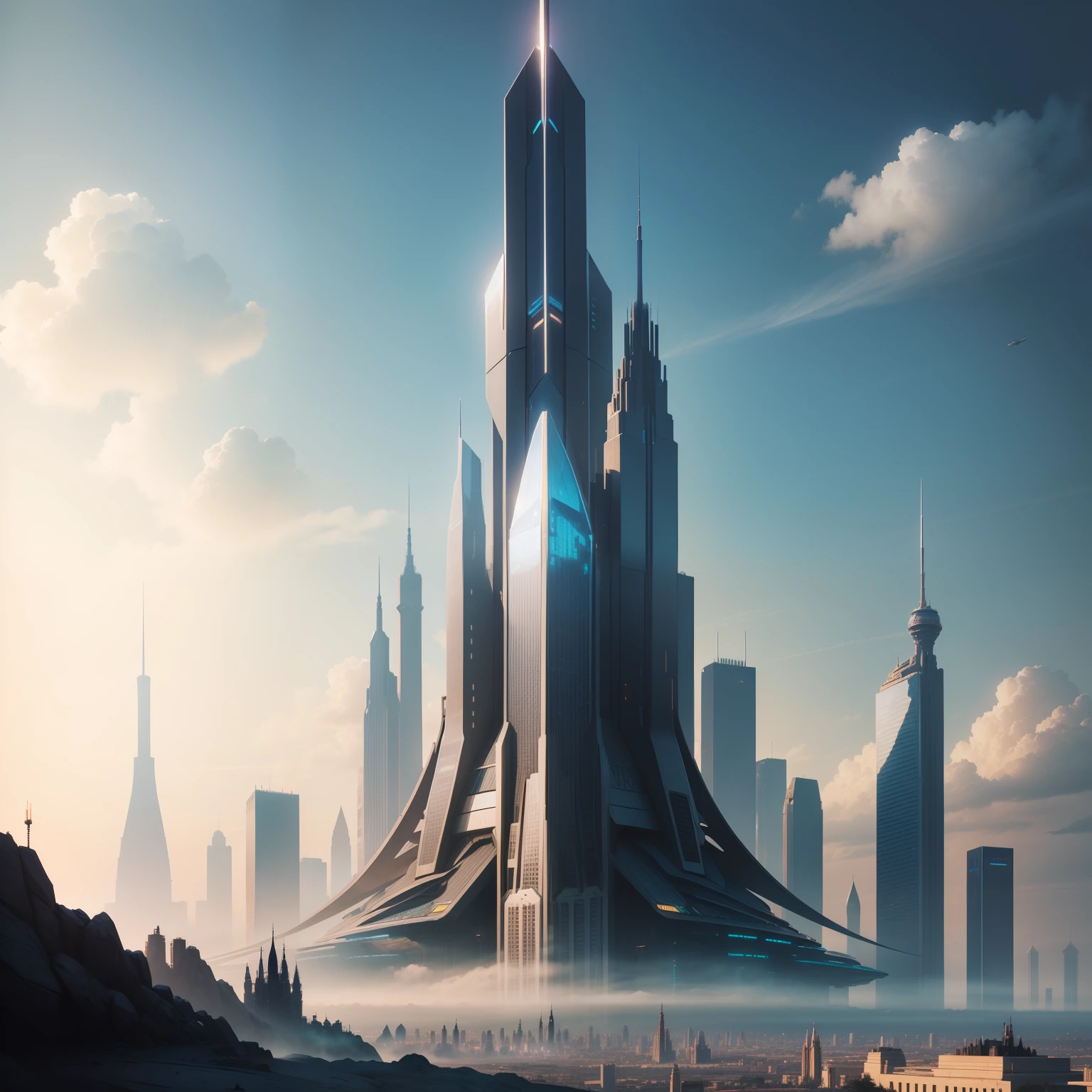 Skyscrapers　cyberpunked　epcot　top-quality　​masterpiece　超A high resolution　Skyscrapers towering above the ground　Sci-Fi Art　Huge castle