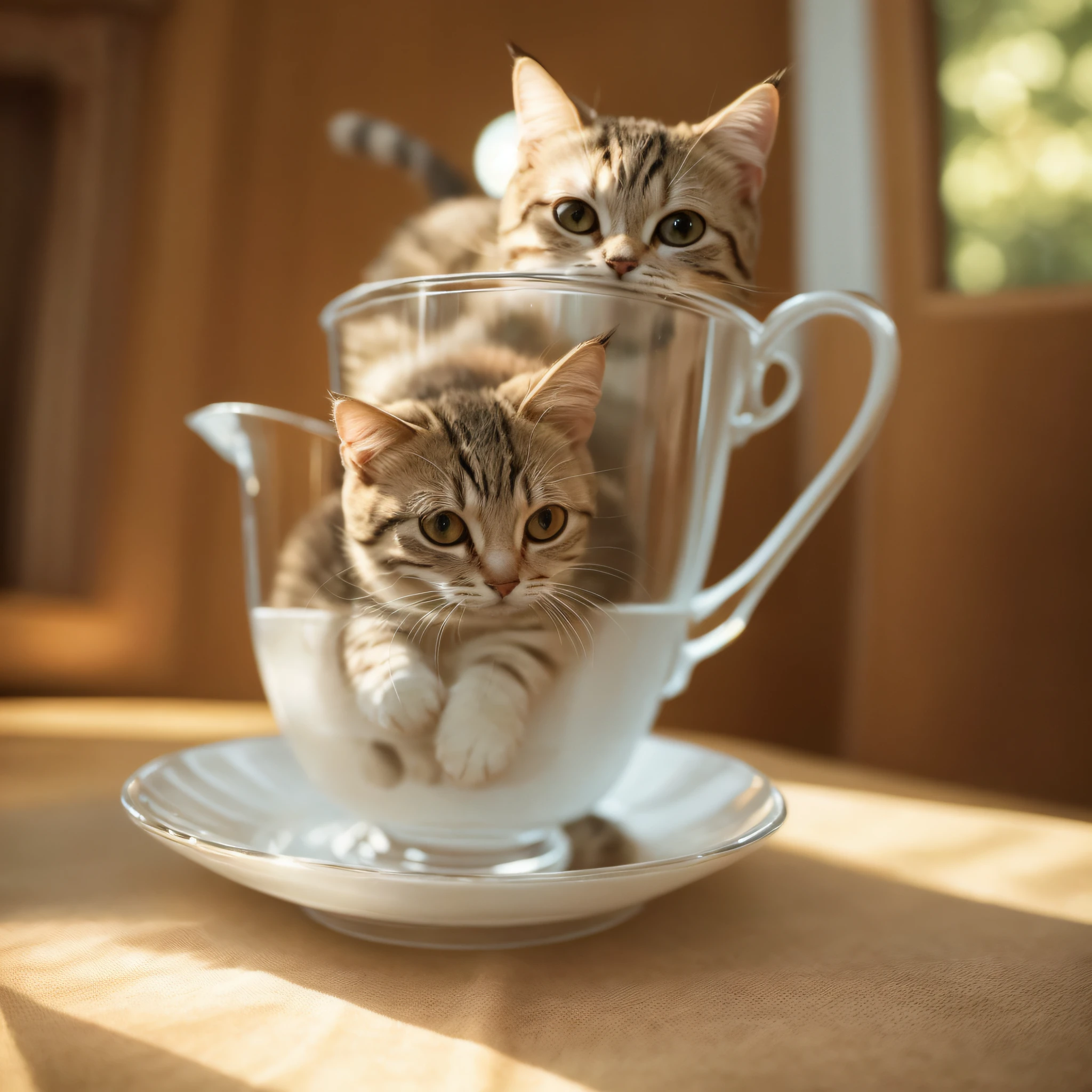 catss, In a clear glass teacup, the face, Front paws extended,adorable expression, 8K, profesional photo, delicated, Pubic area is clear, On a table, Inside the house, rays of sunshine, light leaks, tmasterpiece, ((prette))), Stylish teacup, (Realistis), plushies, Round pupils