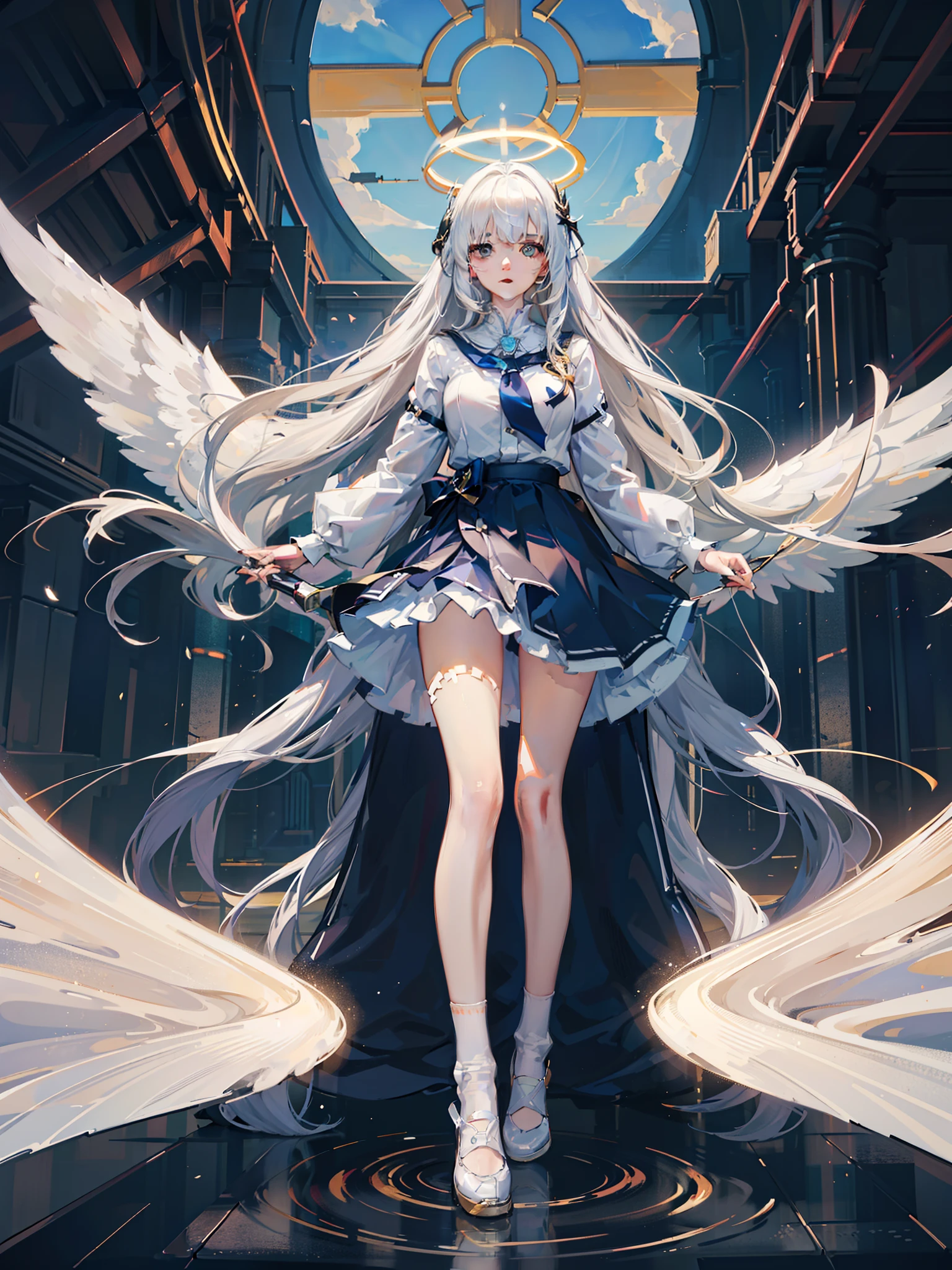 ((Masterpiece，full bodyesbian，in a panoramic view，Long-haired girl with angel wings，The halo on the head，The body is suspended in the air，Tulle long dress，Surrounded by holy light，Backlight，Dove，Suspended palaces，blue-sky， Long flowing white hair，schoolgirls，angelicales，long  skirt，Thin beautiful blue eyes，Thin clouds floating around，Extreme light and shadow))，Ultra HD digital art，Beautiful details，Best quality，8K，（Soft light），Cinematic light，Beautiful eyes,long white socks，cozily，clean and meticulous anime art，art trend，gentlesoftlighting，Extreme light and shadow