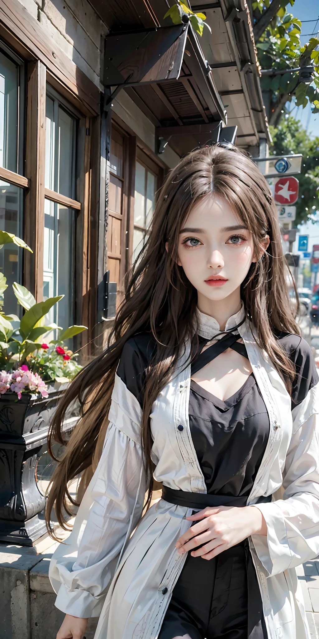 (absurdres, highres, ultra detailed), 1girl (mature female), wavy blonde hair, long hair, blunt bangs, green eyes, street wear, finely detailed eyes and detailed face, extremely detailed CG unity 8k wallpaper, intricate details, vibrant colors, geometric shapes, mesmerizing designs, optical illusions, dynamic composition , pantomime art, expressive body language, silent storytelling, evocative gestures, visual narratives, theatrical performances , blooming flowers, colorful petals, fragrant scents, nature's bounty, vibrant gardens, peaceful scenery