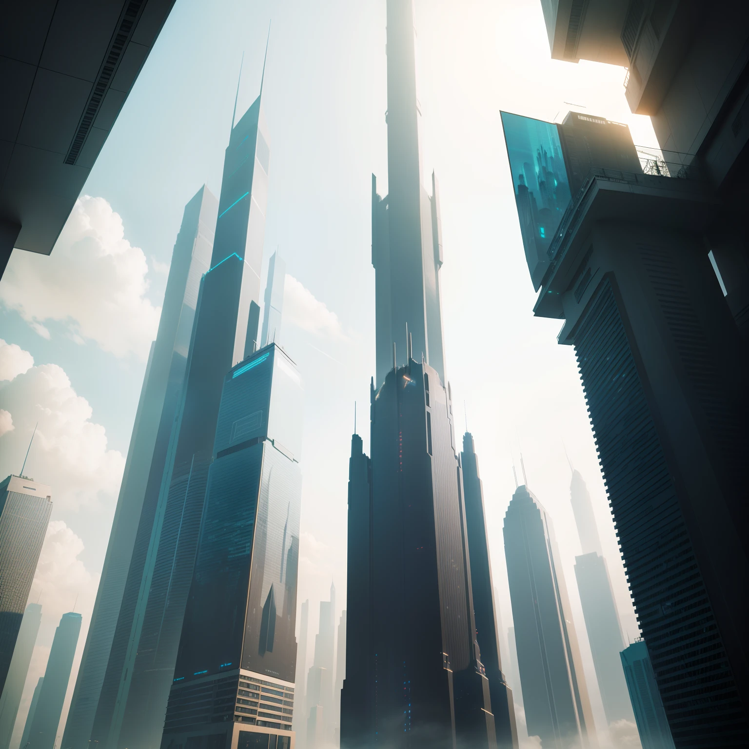 Skyscrapers　cyberpunked　epcot　top-quality　​masterpiece　超A high resolution　Skyscrapers towering above the ground　Sci-Fi Art