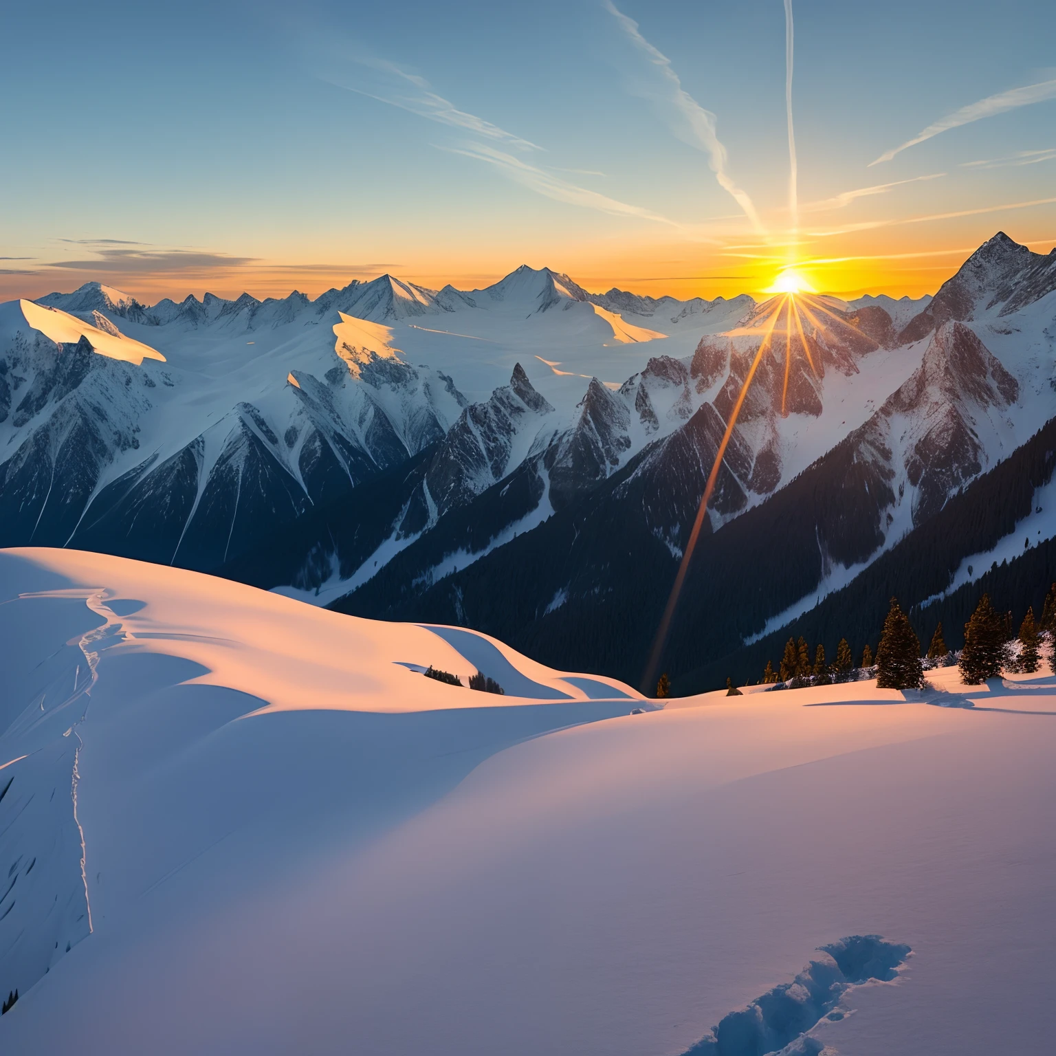 the setting sun，snow mountains，Continuously towering