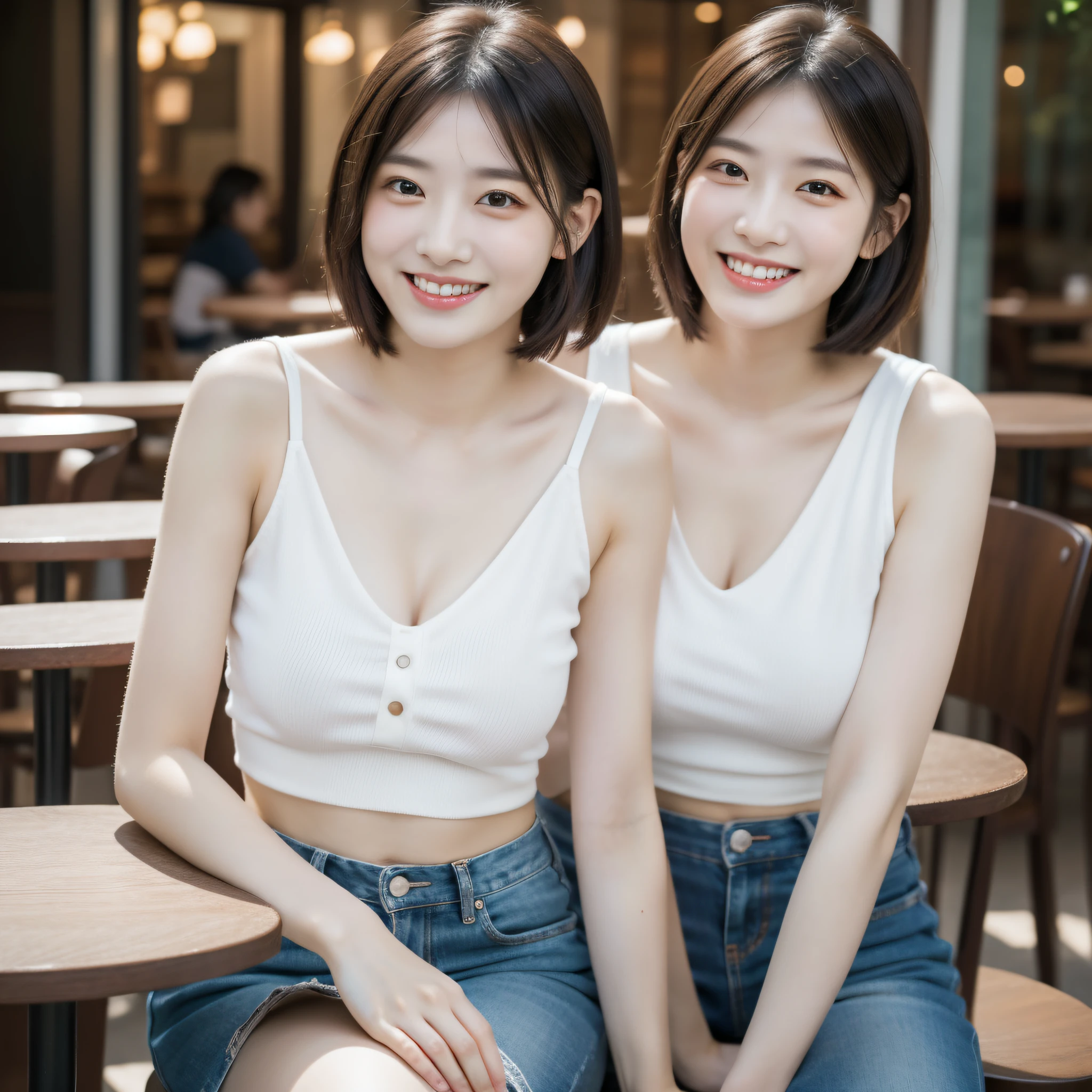 Japan person, photorealistic, 4K, high resolution, perfect lighting, gorgeous, masterpiece, realistic, close-up portrait, 1 girl, pierced eye, mini skirt, middle breast, short hair, looking at viewer, smiling, outdoors, in a café, sitting