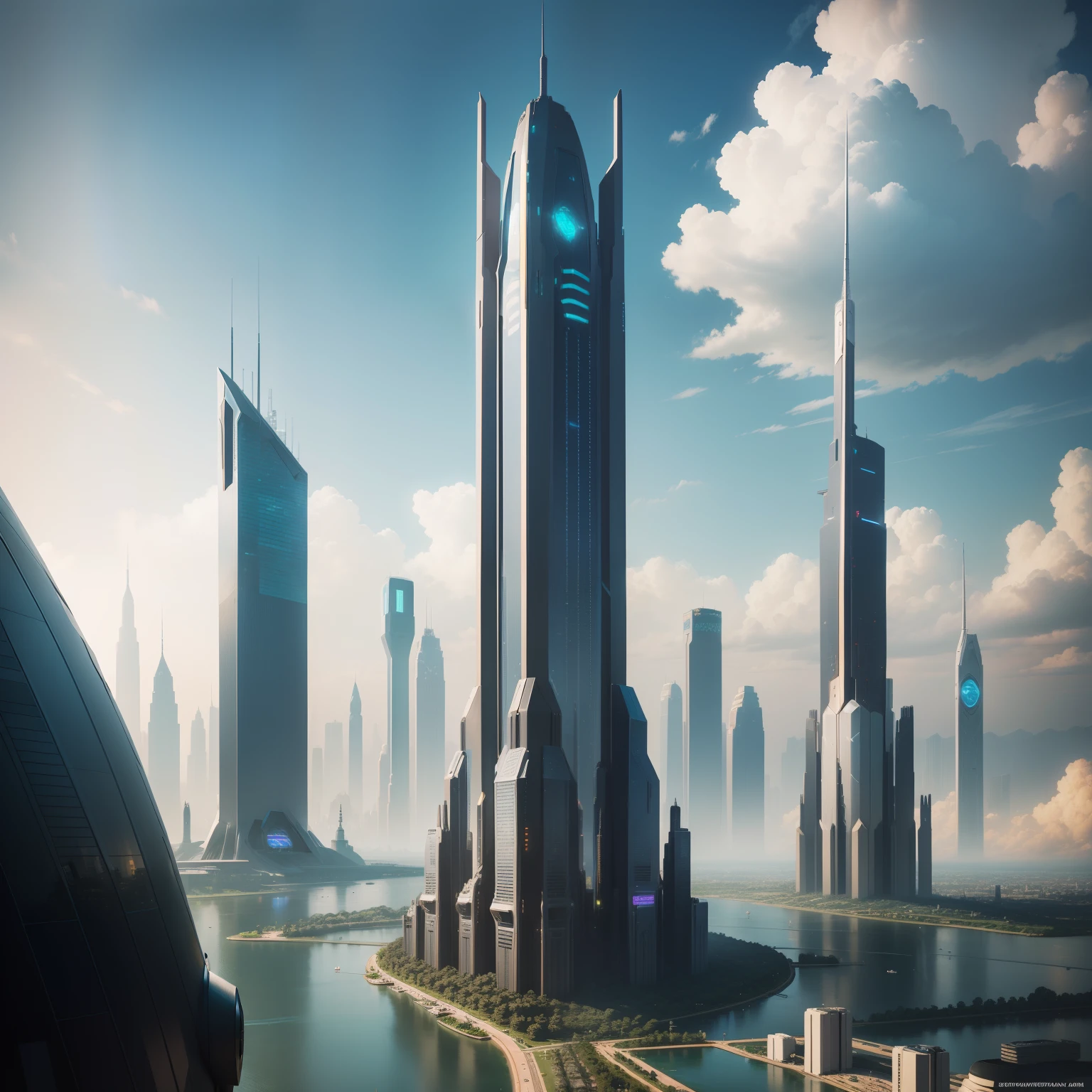 Skyscrapers　cyberpunked　epcot　top-quality　​masterpiece　超A high resolution　Skyscrapers towering above the ground　Sci-Fi Art