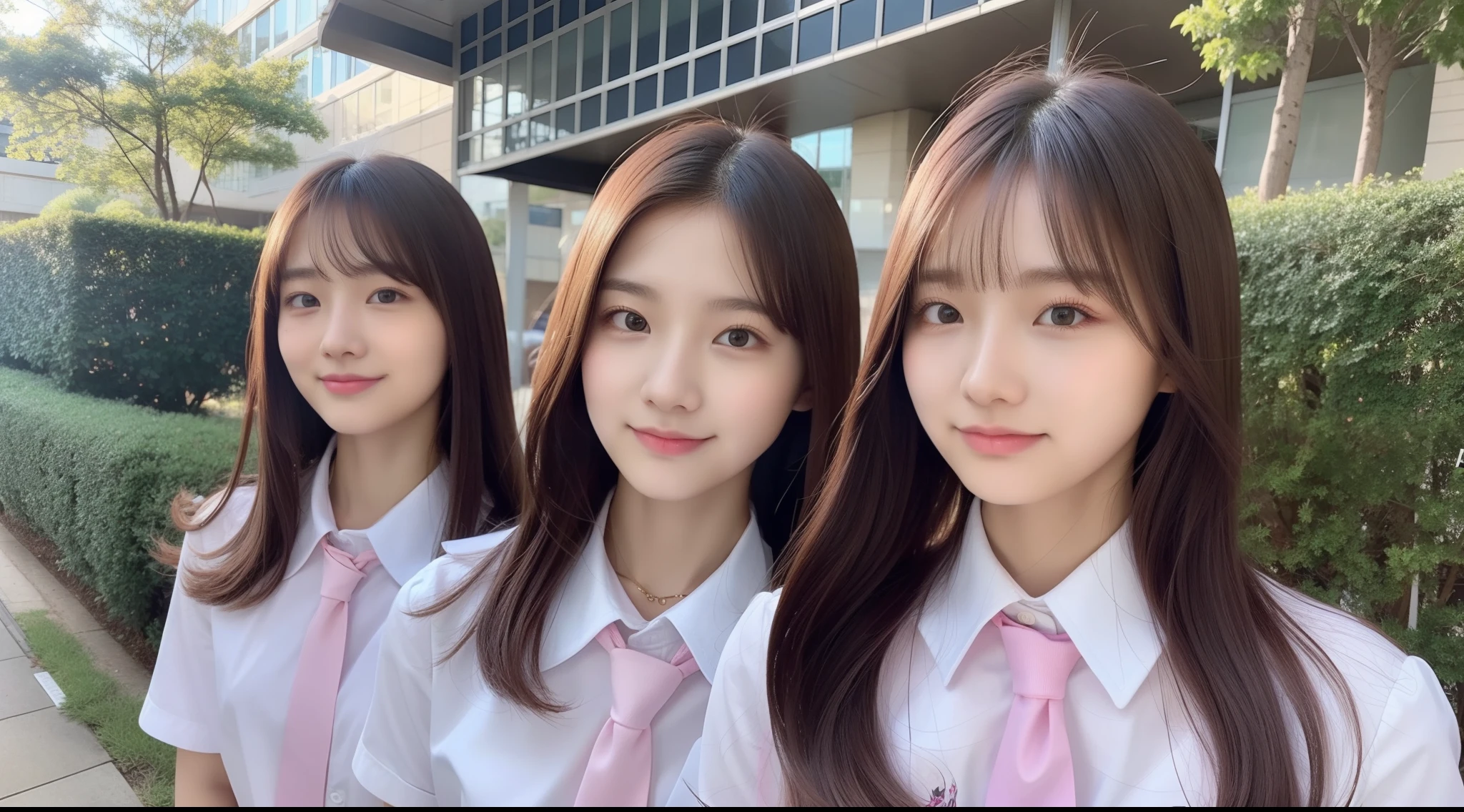 (8k, RAW photo, highest quality, masterpiece: 1.2), super detail, super resolution, (realistic, real photo: 1.37), (photorealistic: 1.6), portrait, high resolution RAW color photo, professional photo, very detailed and beautiful, touching hair (showing teeth and smiling), beautiful full moon (posing to show sides) Schoolyard at night with beautiful full moon, night sky is beautiful, Cute pose, super high quality, 8k wallpaper, amazing cute smile, transcendent cute face, amazing details, red scarf, very detailed beautiful girls, different pattern face, having a conversation in school classroom, light shining hair, one is a ponytail, modern cute schoolgirl, very detailed face very detailed eyes, very realistic skin, very detailed fingers, very detailed nose, very detailed mouth, perfect anatomy, highly detailed sailor suit, very detailed background, after school, smiling school girls gather in the hallway of the school. They are in uniform, bathed in moonlit nights, revealing the details of their hair and uniforms. They enjoy chatting in natural poses and seem to have memorable conversations. Smiling faces, fun spreads in the hallway, long straight hair, (dull bangs: 1.2), , schoolgirl youth Celebrity-level cuteness , (pink eye shadow)