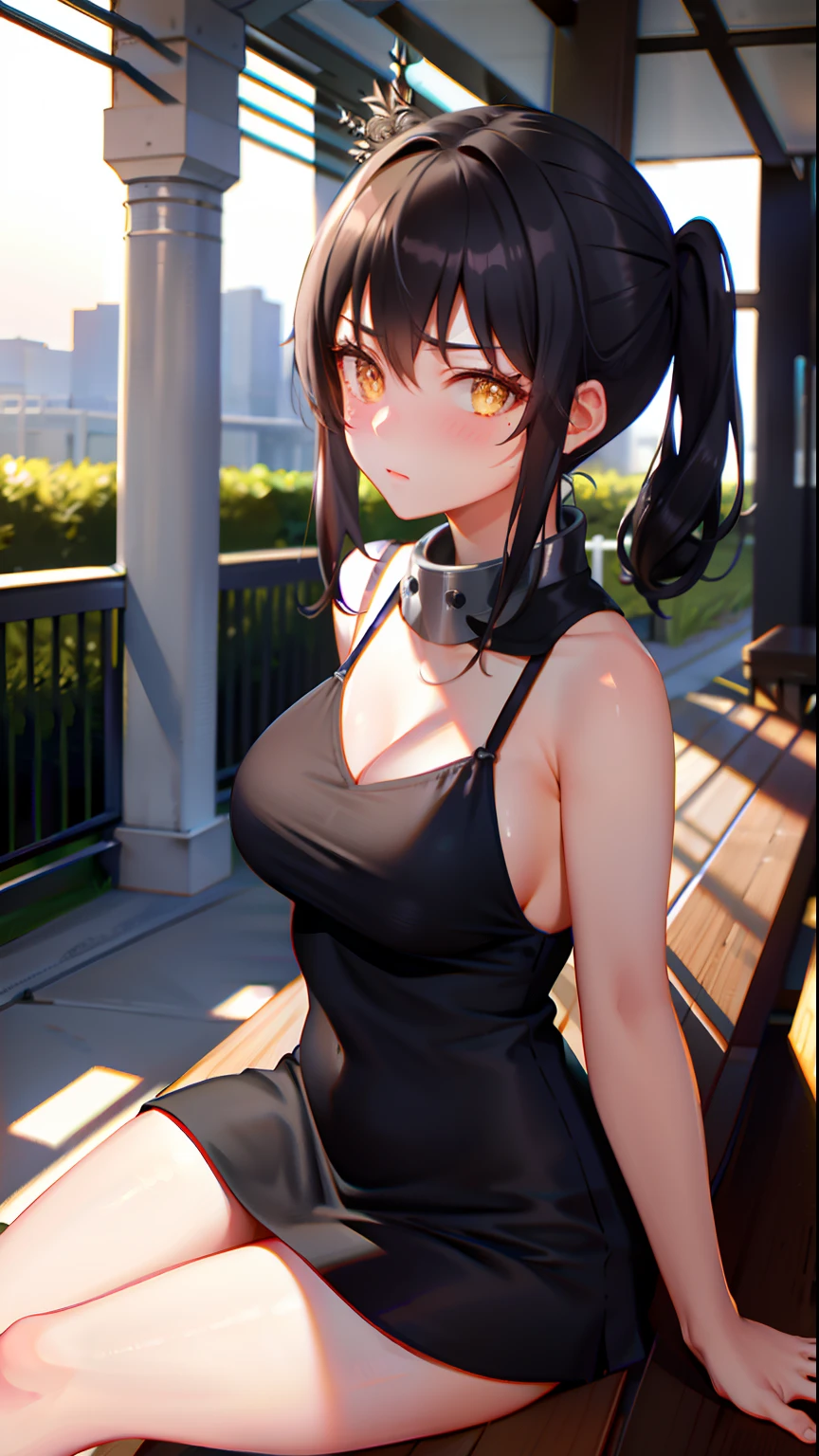 masterpiece, top-quality, Detailed details, Detailed landscapes, beatiful lights, Beautiful Shadows, 1girl in, 18year old,cheer girl、Embarrassing,Anxious look,look from down, Looking at the camera,detailed skin textures, Tyndall effect,sit on a bench,Sitting,cheer girl、Long unwound black hair、Sauce order、Small breasts