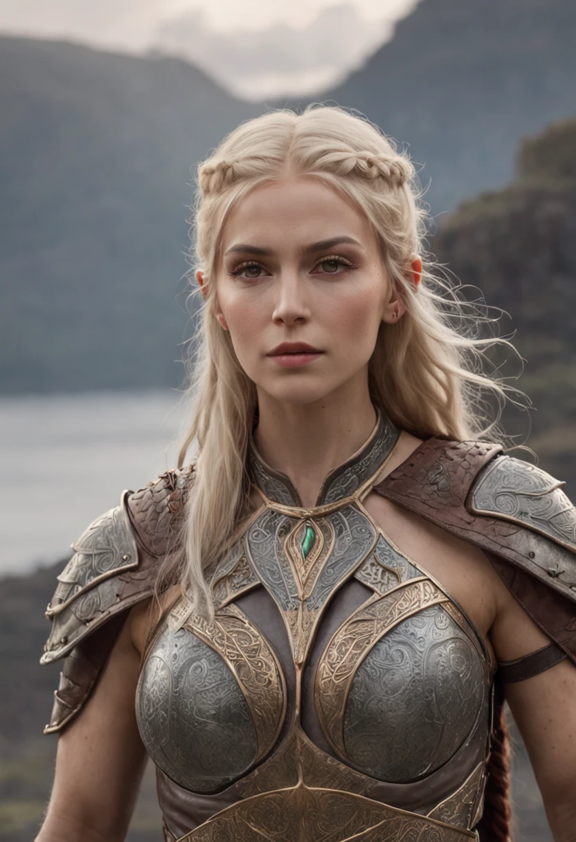 A realistic prompt for a photograph of an elven warrior with the appearance of a Viking. Her body is incredibly defined, muscular, and feminine, reflecting both strength and grace. Her blonde hair cascades in multiple braids, adorned with intricate details. Her clear green eyes emit a radiant energy, giving her an almost otherworldly aura. Her thick and precisely shaped eyebrows frame her striking and perfectly symmetrical face.
The elven warrior is clad in armor that accentuates her physique while allowing for fluid movement. The attire hugs her body, emphasizing her powerful form. Her expression is one of solemn determination, reflecting her readiness for battle. In the background, an active volcano spews fiery plumes, its molten intensity contrasting with the grey sky above.
The landscape, with its dynamic and fierce elements, serves as a fitting backdrop to this formidable warrior. The tumultuous surroundings mirror the intensity and strength that emanate from the elven Viking.
The chosen camera captures the warrior's entire body, showcasing both her warrior-like stance and her inherent elegance. The image conveys the seamless blend of beauty, power, and fierceness that defines this elven Viking. The contrast between her delicate features and her robust physique, combined with the fiery backdrop, creates an image that is both captivating and evocative, Cinematic, Hyper-detailed, insane details, Beautifully color graded, Unreal Engine, DOF, Super-Resolution, Megapixel, Cinematic Lightning, Anti-Aliasing, FKAA, TXAA, RTX, SSAO, Post Processing, Post Production, Tone Mapping, CGI, VFX, SFX, Insanely detailed and intricate, Hyper maximalist, Hyper realistic, Volumetric, Photorealistic, ultra photoreal, ultra-detailed, intricate details, Super detailed, Full color, Volumetric lightning, HDR, Realistic, Unreal Engine, 16K, Sharp focus, Octane render