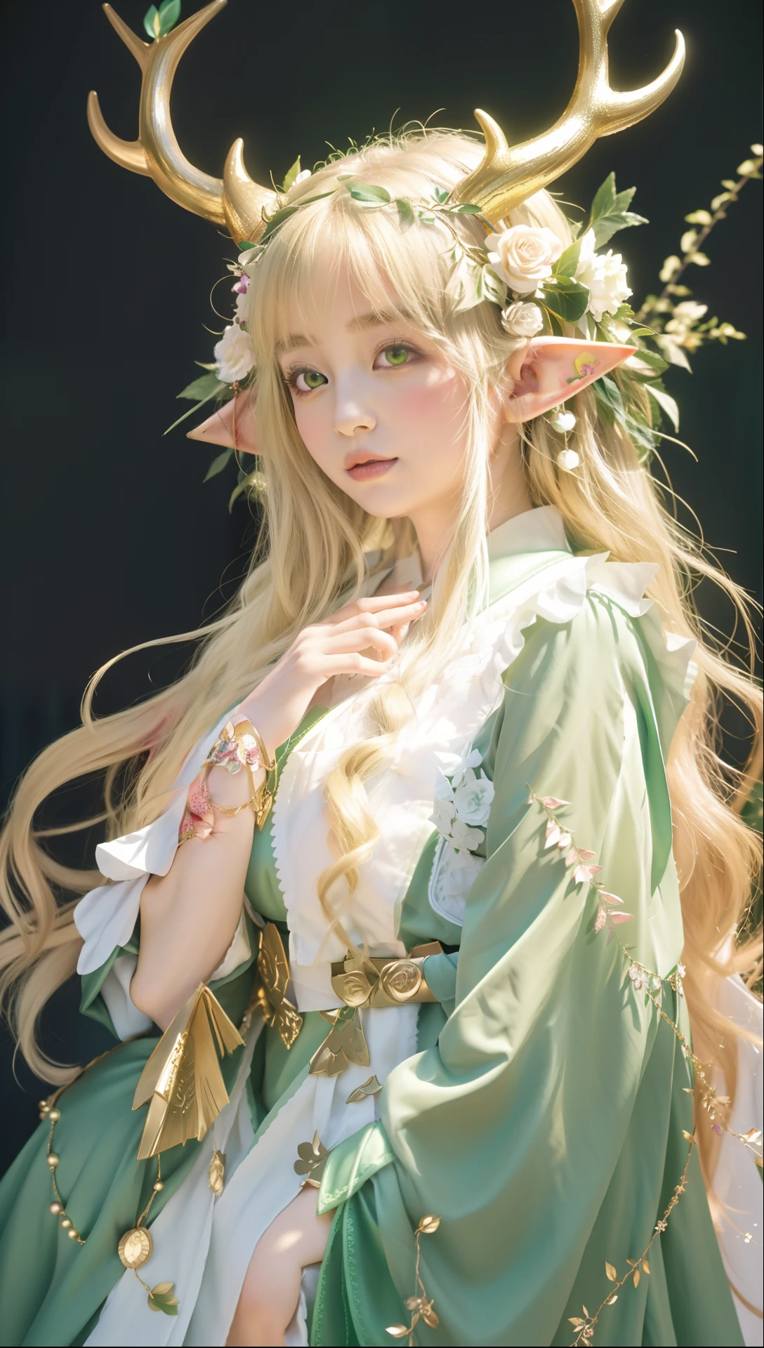 anime girl with deer horns and a green dress, elf princess, elf girl, elf girl wearing an flower suit, a portrait of an elf, she has elf ears and gold eyes, beautiful and elegant elf queen, portrait of an elf, beautiful elf with ornate robes, portrait of an elf queen, portrait of very beautiful elf, beautiful anime portrait, an elf queen