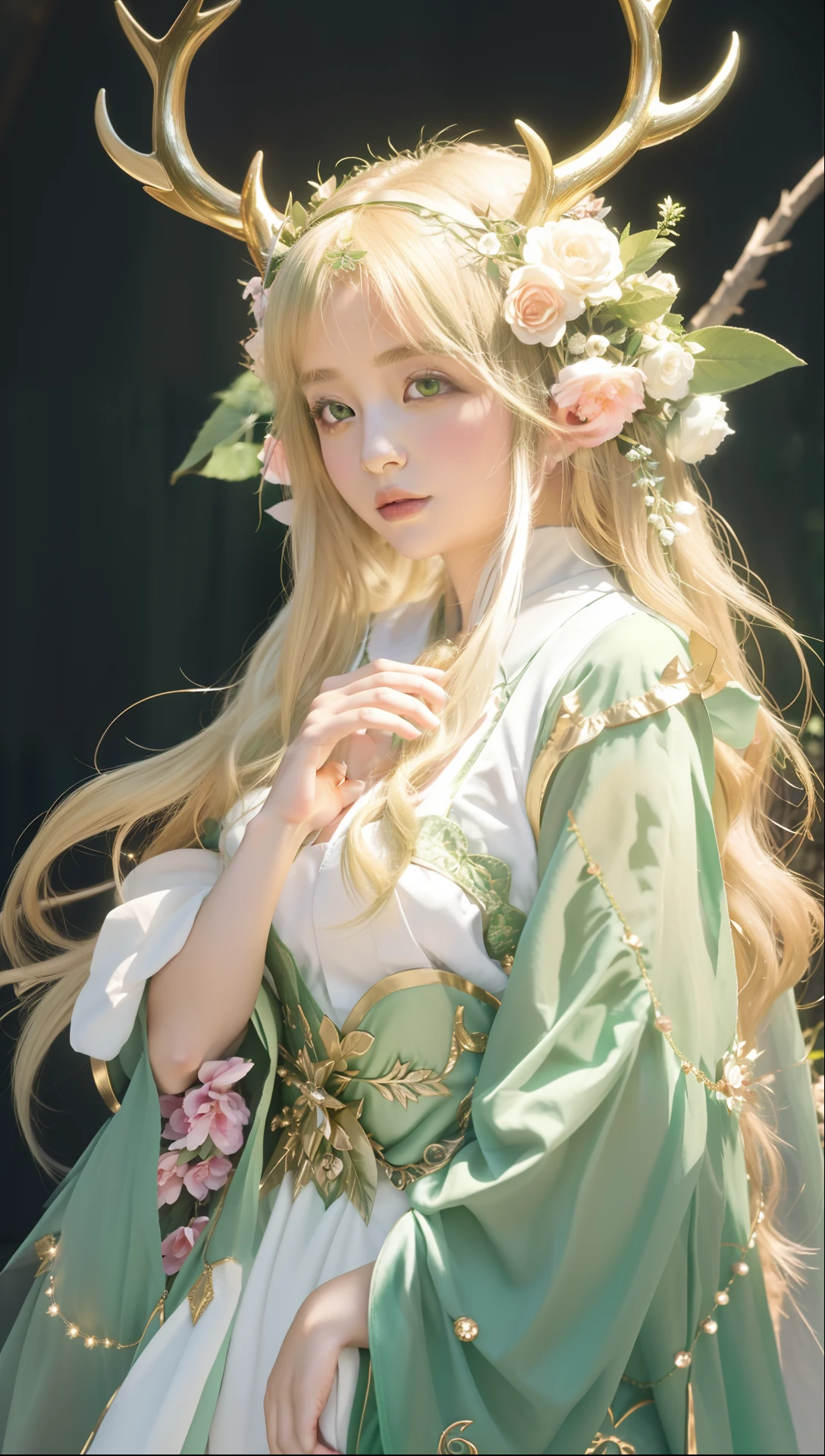 anime girl with deer horns and a green dress, elf princess, elf girl, elf girl wearing an flower suit, a portrait of an elf, she has elf ears and gold eyes, beautiful and elegant elf queen, portrait of an elf, beautiful elf with ornate robes, portrait of an elf queen, portrait of very beautiful elf, beautiful anime portrait, an elf queen