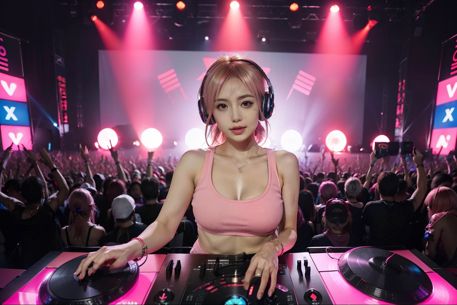 photo of mature bimbo (DJ:1.2) playing at a vibrant (music festival:1.2) with (energetic crowd:1.1) and (colorful stage lights:1.1), (her each hands on each discs), pink blonde side tail hair, wearing cropped colorful tank top, wearing large headphone