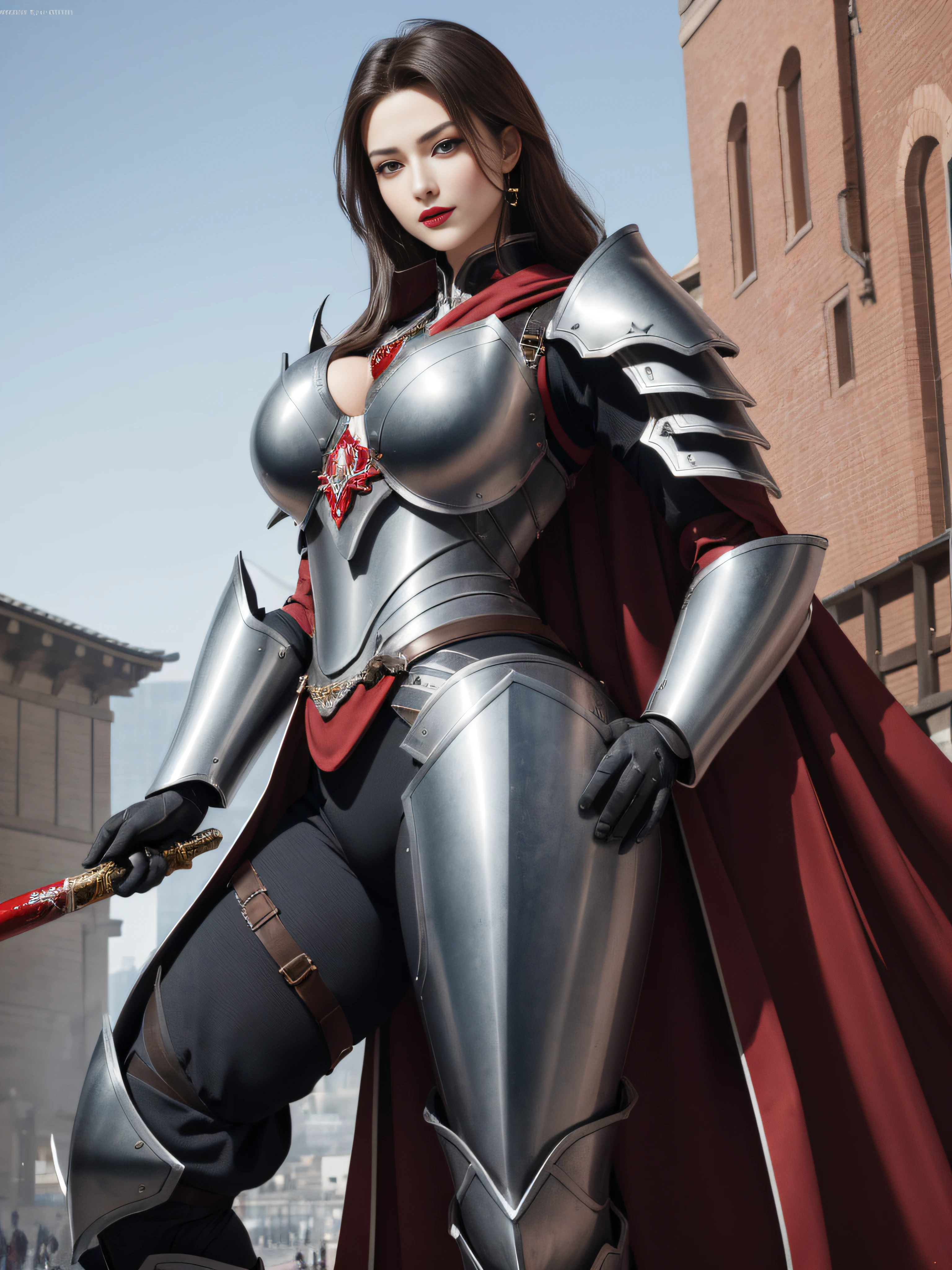tmasterpiece,A high resolution,Absolutely beautiful,a mature female,Fine and detailed eyes and detailed face,Tall and tall,She wears metal armor,Full coverage armor,Armor pants,Armor boots,Show the armor look、Shogun, allure:(Tall:1.4),haughty,Mature temperament,Ruby eyes,Apply blood-red lipstick to your lips,(Wide buttock:1.4),(Thick thighs:1.4),Majesty,Rich scene detail,In the midst of the war,are standing,action