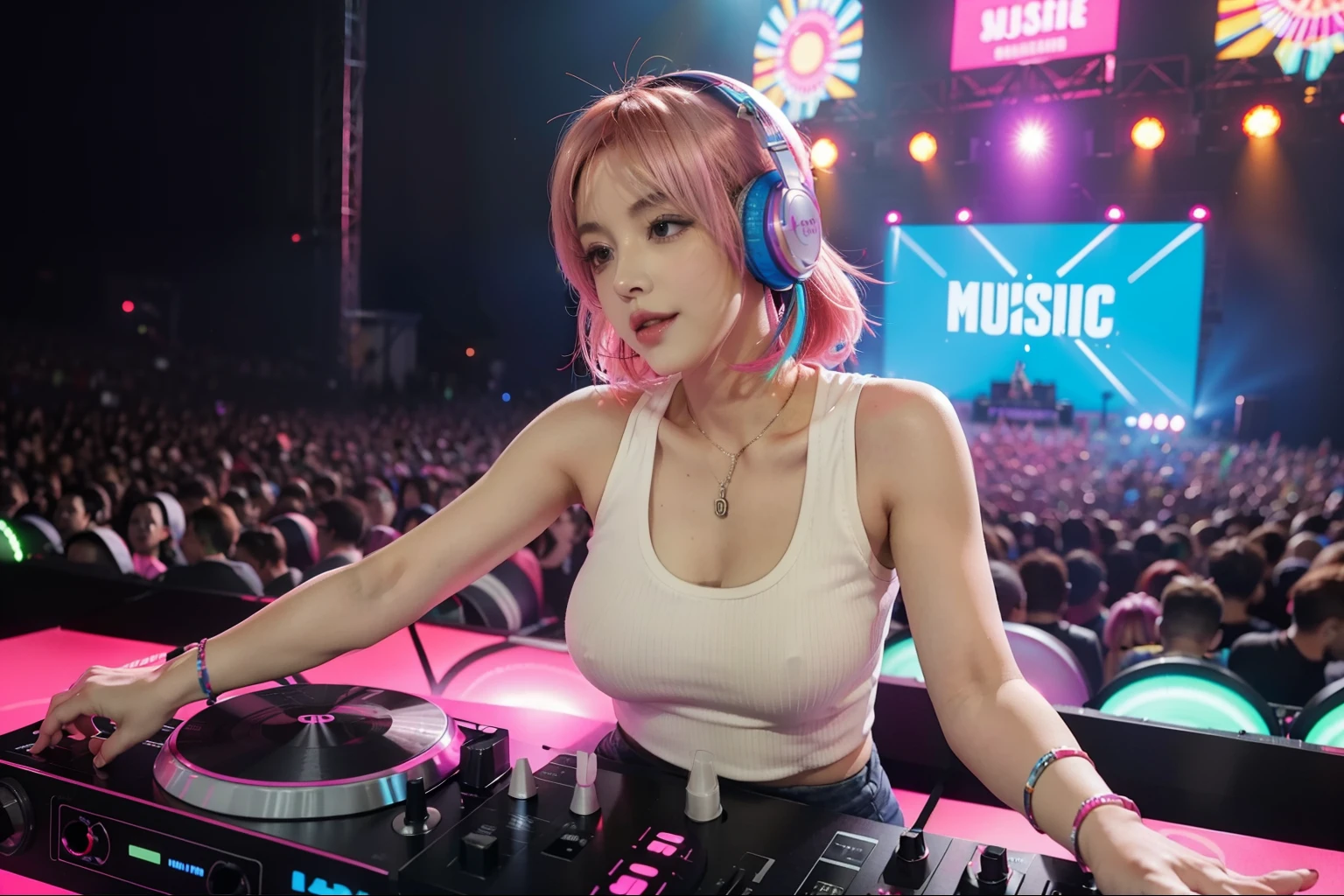 photo of mature bimbo (DJ:1.2) playing at a vibrant (music festival:1.2) with (energetic crowd:1.1) and (colorful stage lights:1.1), (her each hands on each discs), pink blonde side tail hair, wearing cropped colorful tank top, wearing large headphone