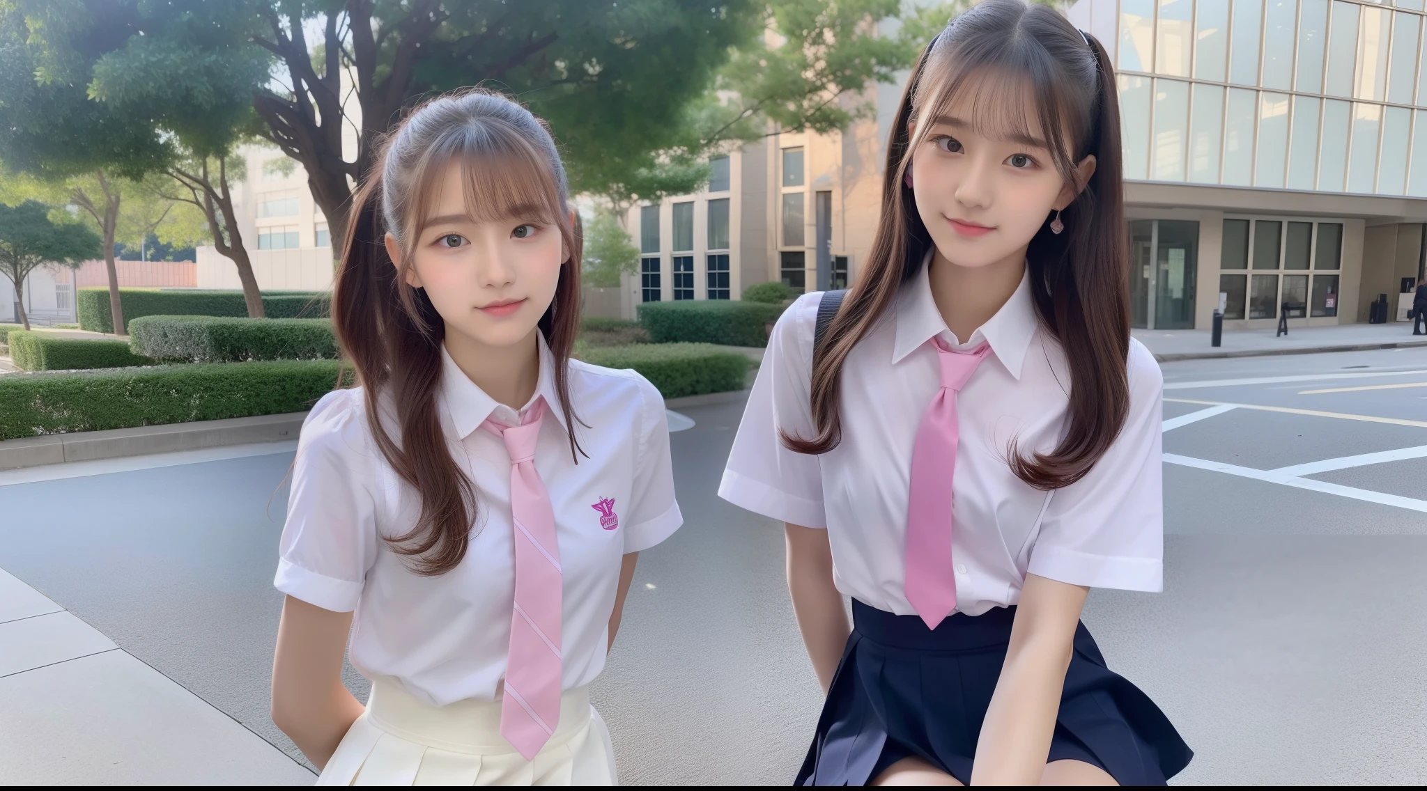 18-year-old schoolgirl wearing pink tie, white shirt and miniskirt