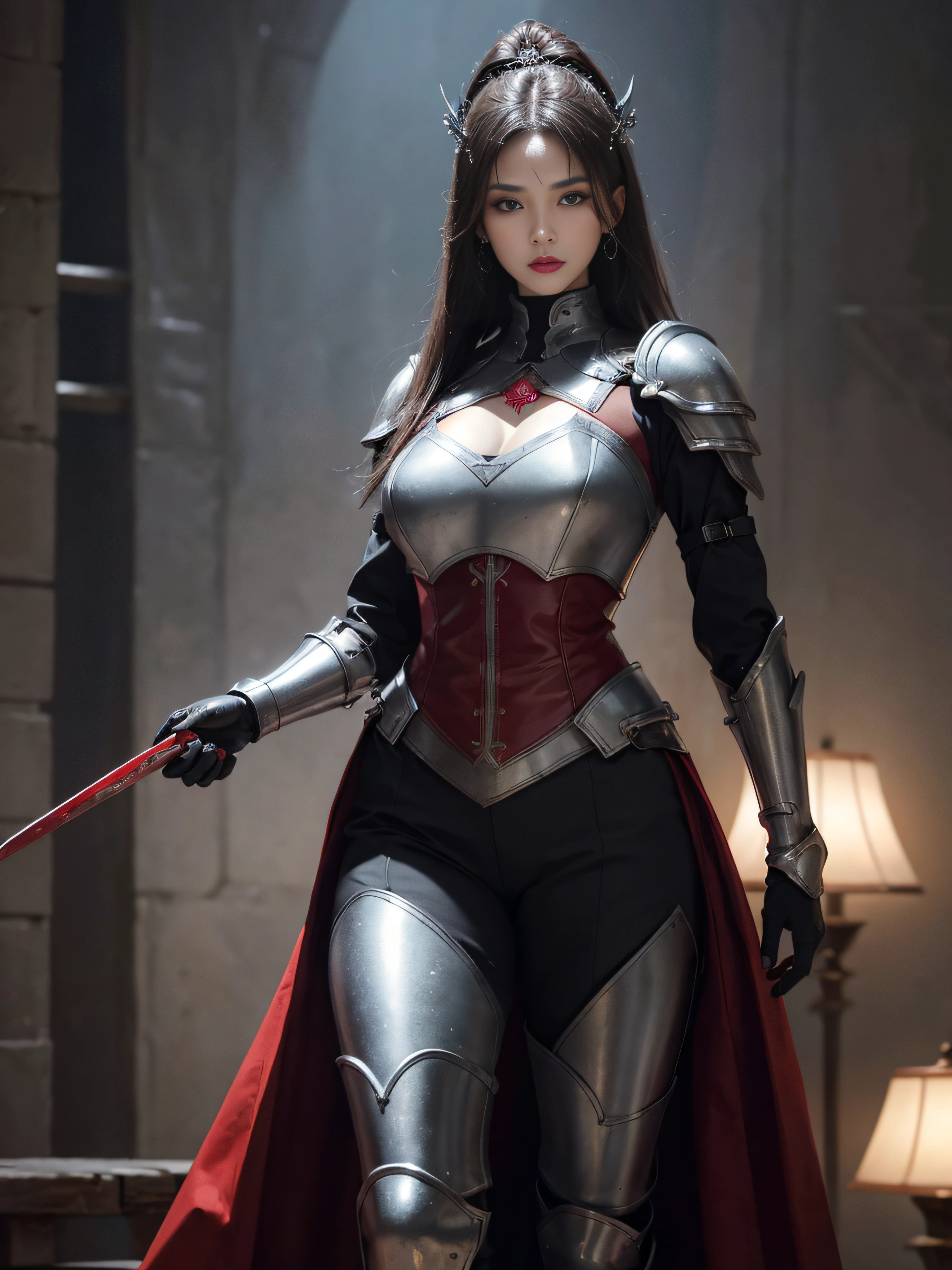 tmasterpiece,A high resolution,Absolutely beautiful,a mature female,Fine and detailed eyes and detailed face,Tall and tall,She wears metal armor,Full coverage armor,Armor pants,Armor boots,Show the armor look、Shogun, allure:(Tall:1.4),haughty,Mature temperament,Ruby eyes,Apply blood-red lipstick to your lips,(Wide buttock:1.4),(Thick thighs:1.4),Majesty,Rich scene detail,In the midst of the war,are standing,action