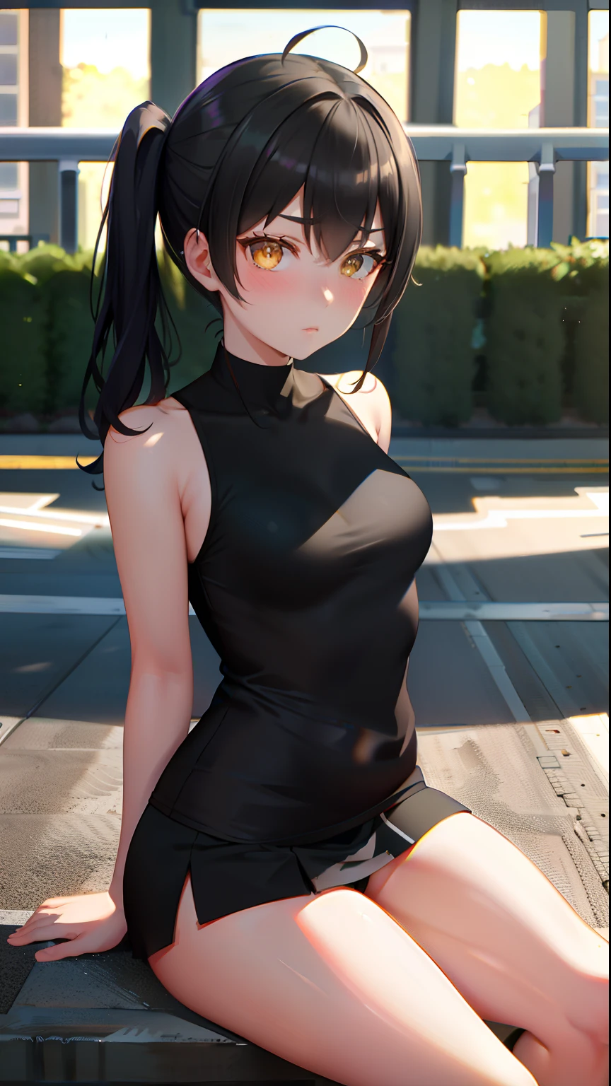 masterpiece, top-quality, Detailed details, Detailed landscapes, beatiful lights, Beautiful Shadows, 1girl in, 18year old,cheer girl、Embarrassing,Anxious look,look from down, Looking at the camera,detailed skin textures, Tyndall effect,Physical education sitting,cheer girl、Long unwound black hair、Sauce order、Small breasts
