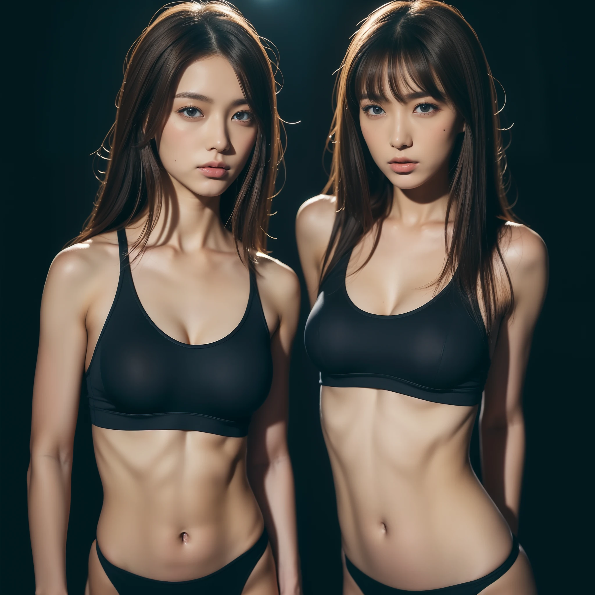 ((mid night、top-quality、8K、masterpiece:1.3))、2 girls、full body Esbian、long legged、foco nítido:1.2、Beautiful woman with perfect body shape:1.4、Slender Abs:1.1、((dark brown hair、huge-breasted:1.2))、(Tight fitness wear、is standing:1.2)、gym、Highly detailed facial and skin texture、A detailed eye、二重まぶた