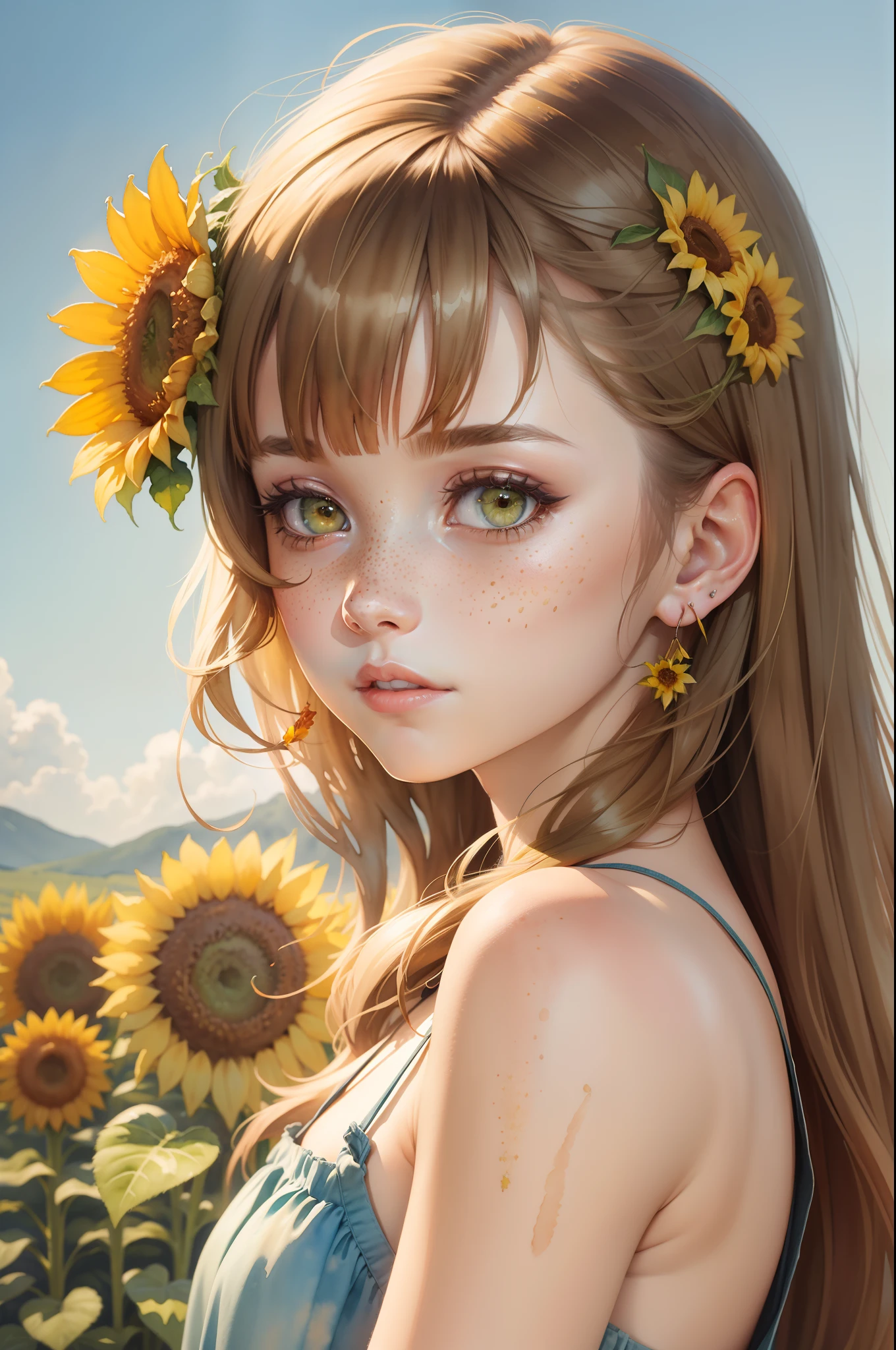 (watercolor:1.2),1girl, solo, flower, sunflower,freckles, portrait, leaf, bangs, signature, yellow flower, brown hair, long hair, green eyes, hair between eyes, flower earrings