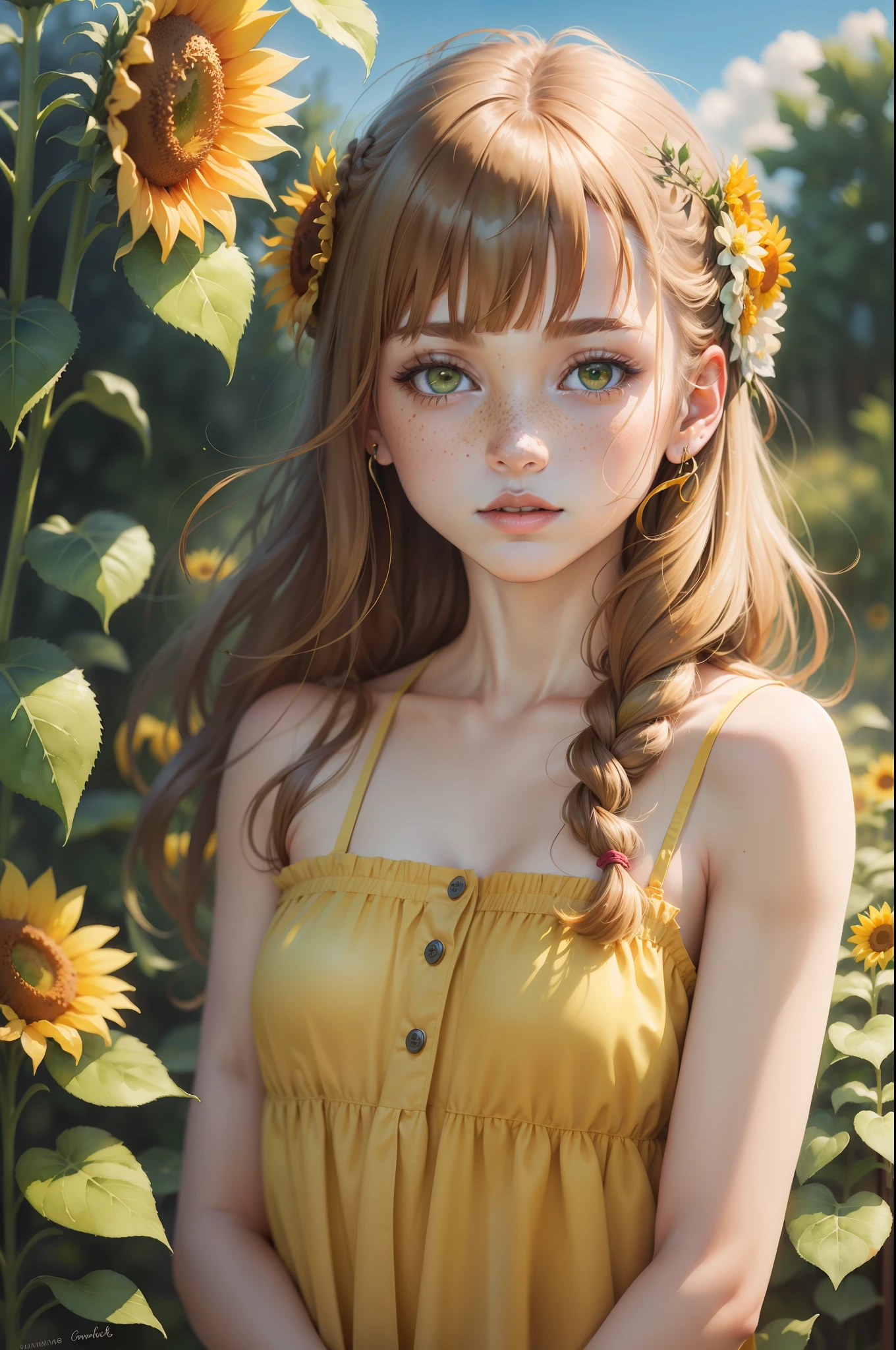 (watercolor:1.2),1girl, solo, flower, sunflower,freckles, portrait, leaf, bangs, signature, yellow flower, brown hair, long hair, green eyes, hair between eyes, flower earrings