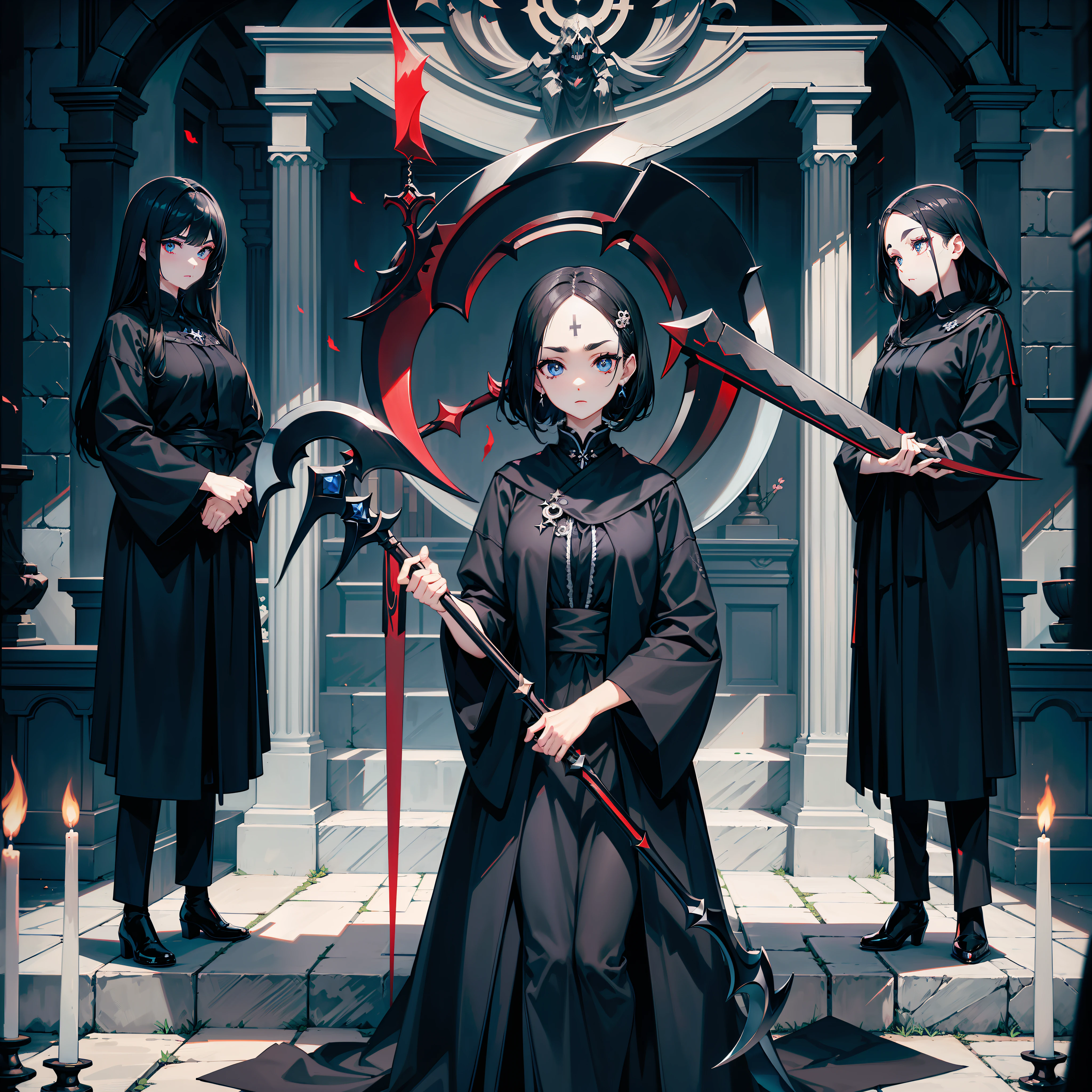 Reaper Reverse Position、Woman with dark hair、Sharp Eyebrows、big eye、Dark eyelashes、Blue-based makeup、Forehead、Wielding a big scythe、motion-blur、(highestdetailed)、(Best Shadows)、Stand on the altar、(Highest image quality 8K)、(A hyper-realistic)