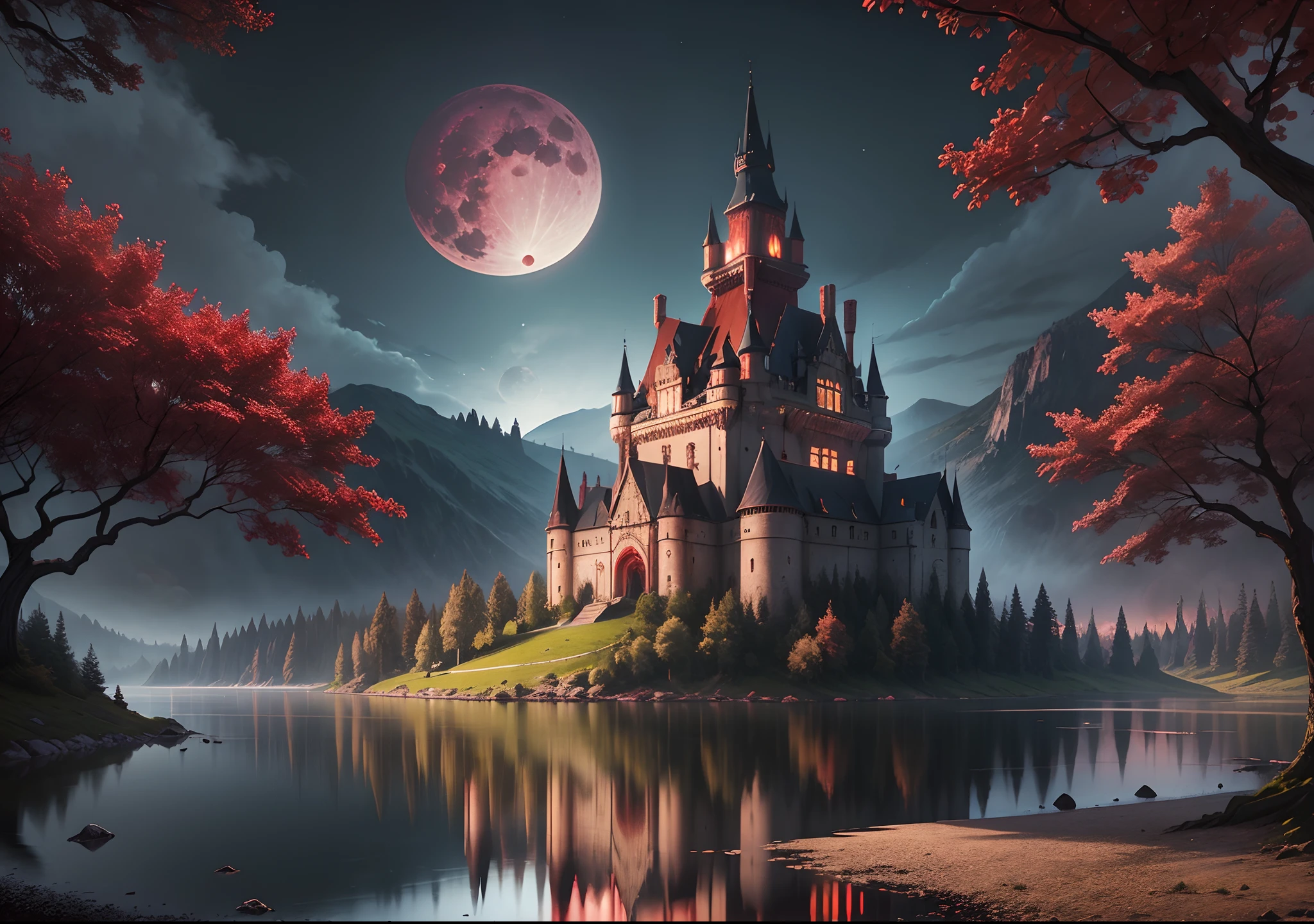 Landscape,lakeside,castle,miasma,night,high detailed,forest,(red full moon,deep dark:1.3)