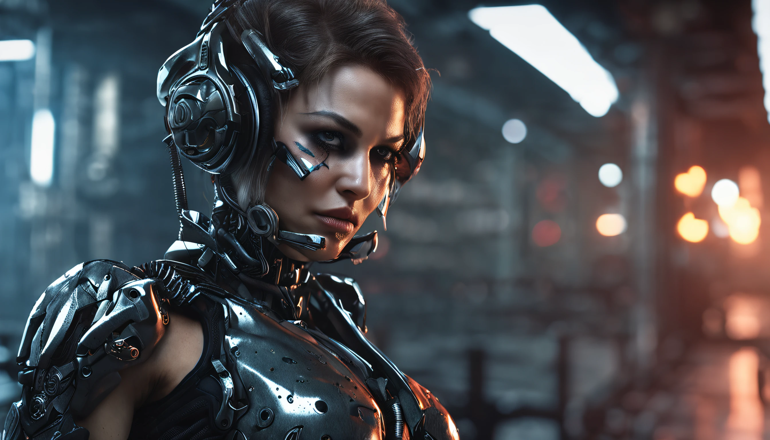 a beautiful woman cyborg warrior in the Style-RustMagic, cyberpunk augmentation, cyberware, Cyborg, carbon fibers, Chrome, Implants, metal skull, Cyber plate armor, (Dark atmosphere:1.2), (Heavy fog & Smoke), (Dark night:1.3), the scars, (dark medium length disheveled hair:1.1), (eye shadows:1.1), (beautifully detailed glow:1.2), (Cinematic lighting), intricately details, A high resolution, Rounded eyes, Detailed facial features, Sharp focus, smooth, Aesthetic, detailed dark industrial factory background, Stylish pose, Dynamic pose, (dramapaint), (OPT-6000:0.9)