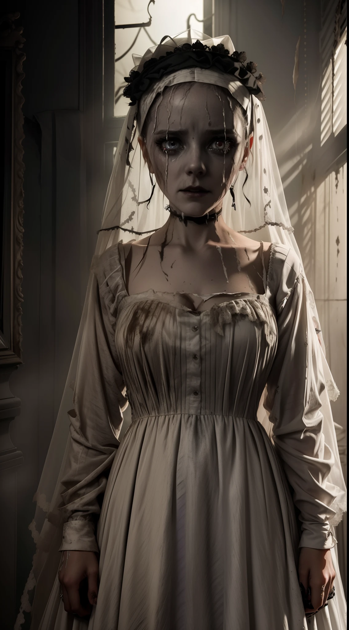 A haunted house, with a scary ?????? bride in front, and 3 skeletons next to her