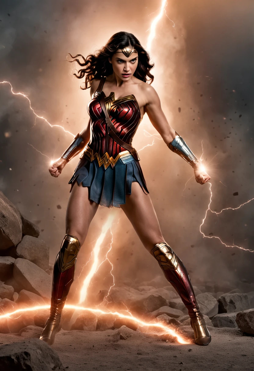 Behold Diana, also known as Wonder Woman. Her powers include super strength, invulnerability, accelerated healing, enhanced senses, superhuman agility, energy projection and manipulation, creation and manipulation of electricity, flight, super-speed, and longevity. She finds herself in a fierce battle against Darkseid on her home planet. The image focuses on her alone, unleashing a devastating attack. The photo is taken from a high-speed camera, capturing the scene from an overhead angle.

The power emanating from her attack creates luminous effects, with bolts of energy and rays cascading around her. Yet, she remains unscathed, standing tall and resolute. The lighting perfectly accentuates her form, casting an ethereal glow upon her, akin to that of an angel. The photo is framed in a portrait format, captured through a telephoto lens, allowing for every moment to be magnified in stunning detail.

Vibrant colors infuse the scene, emphasizing the dynamic nature of Wonder Woman's presence. Inspired by the actress Gal Gadot, she has undergone a remarkable transformation, gaining significant muscle mass, showcasing her immense physical prowess.

This artwork encapsulates the awe-inspiring power and unwavering determination of Wonder Woman as she confronts formidable adversaries. It celebrates her strength, resilience, and commitment to justice, embodying the epitome of a superhero.