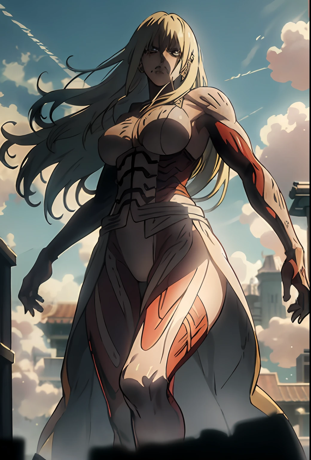 Imagine "Giant Yamato (One piece)" in "Attack on Titan": if enlarged, their powerful presence attracts attention. With her long, towering white hair styled, Yamato's striking outfit and fierce expression are timeless. A mighty warrior, they channel Oden's legacy against the menace of Titan.extremely detailed, ultra hd, hdr, 8k, cinematic, dramatic lighting ray tracing reflections