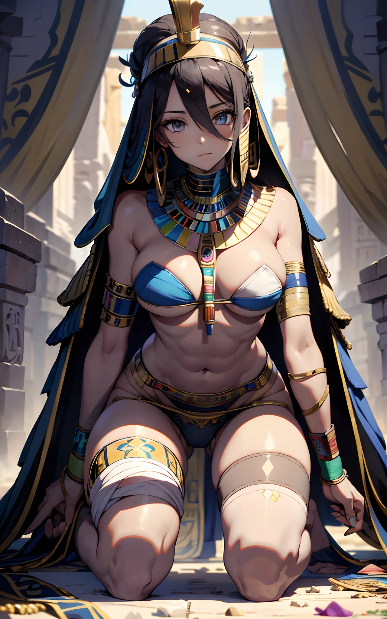 best qualityer,tmasterpiece,Ultimate resolution,downy,Extremely colorful,Colorful,Ancient Egyptian mummy beauty,(Kneeling pose),(Point at you with your ass)Beautiful woman wrapped in bandages,Bandages all over the body,bandagens,,Bare legged,Normal posture,Normal posture