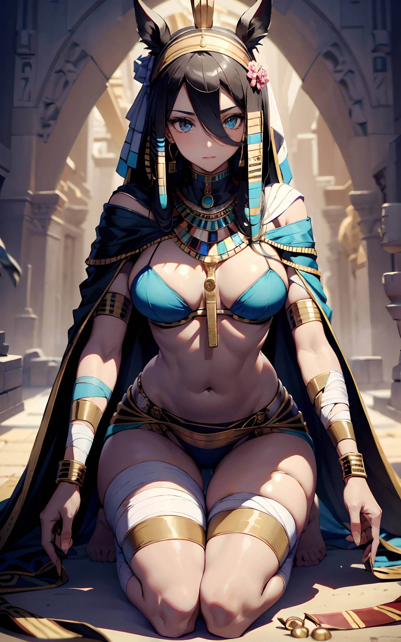 best qualityer,tmasterpiece,Ultimate resolution,downy,Extremely colorful,Colorful,Ancient Egyptian mummy beauty,(Kneeling pose),(Point at you with your ass)Beautiful woman wrapped in bandages,Bandages all over the body,bandagens,,Bare legged,Normal posture,Normal posture