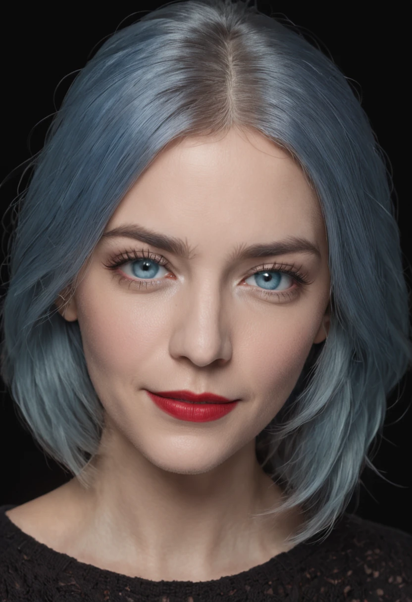 A medium closeup photo of a woman with light blue hair, intense blue eyes that emit a strong glow, thick and dark eyebrows, a well-made up face, and red lipstick-adorned lips. She is wearing a black woolen shirt. The setting is a photographic studio with a perfect black background and impeccable lighting. The woman is smiling joyfully for the photo.

The photo captures the woman's captivating features up close. The cinematic lighting highlights her blue hair and brings out the luminosity of her intense blue eyes, creating a mesmerizing effect. The Unreal Engine ensures that the photo has a photorealistic quality, making her appear almost lifelike.

Her light blue hair adds a touch of uniqueness to her appearance, while her bold eye makeup and red lipstick enhance her features with a sense of confidence and style.

The black woolen shirt she wears contrasts beautifully against her fair complexion, creating a striking visual appeal. The woman's joyful smile adds warmth and approachability to the photo.

The carefully crafted lighting in the photographic studio ensures that every detail of the woman's makeup, hair, and clothing is showcased with precision. The camera chosen for this photo captures the intricate details of her expression and features.

The result is a visually engaging image that captures the woman's vibrant personality and beauty in a medium closeup shot. The combination of her unique appearance and the studio setting makes the photo stand out with a sense of authenticity and charm.
