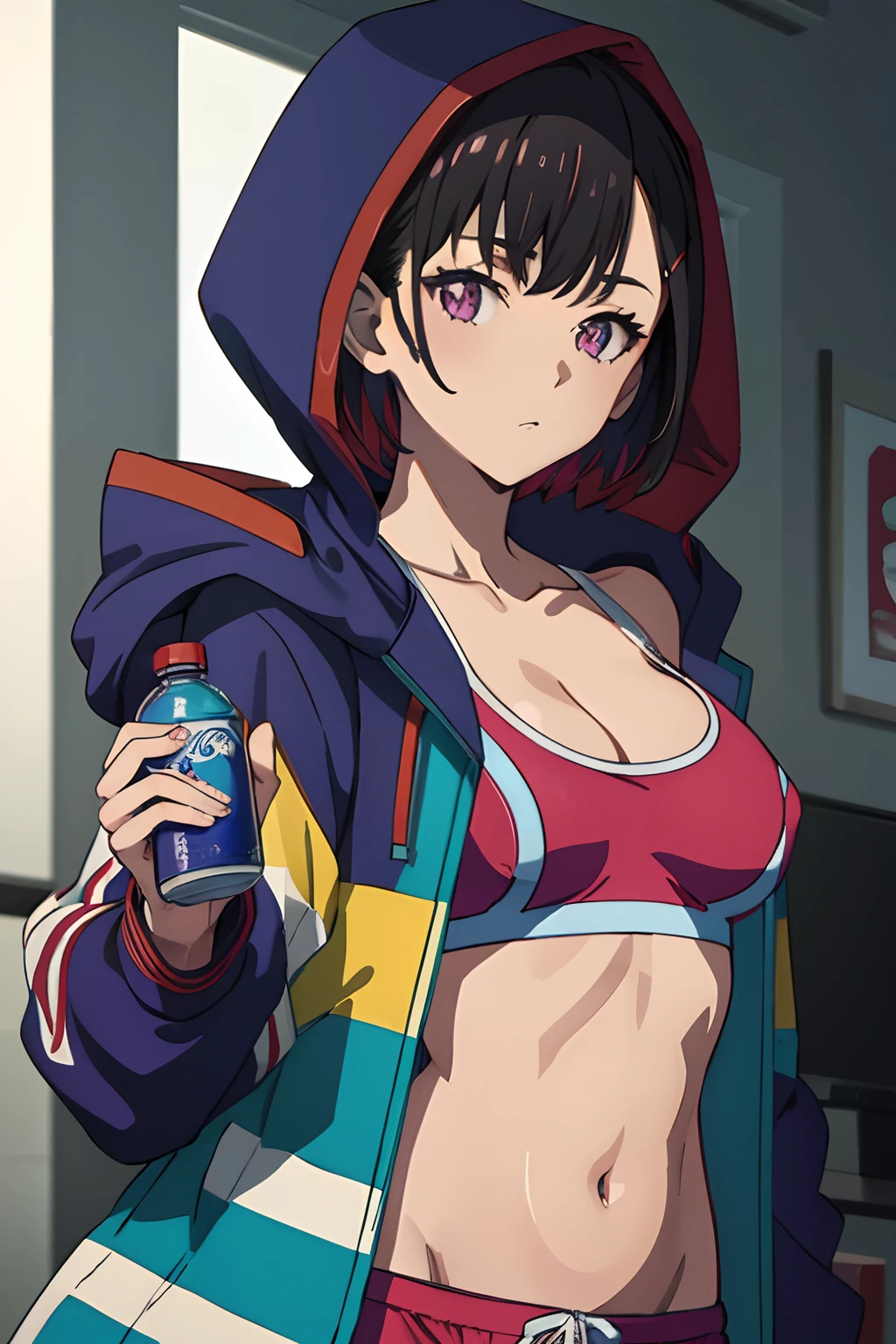 (((masterpiece))), ShizukaMikazuki, 1girl, solo, looking at viewer, short hair, black hair, navel, holding, cleavage, medium breasts, purple eyes, jacket, open clothes, midriff, hood, open jacket, hoodie, bottle, blue jacket, hooded jacket, hood up, sports bra, drinking, water bottle, multicolored jacket,