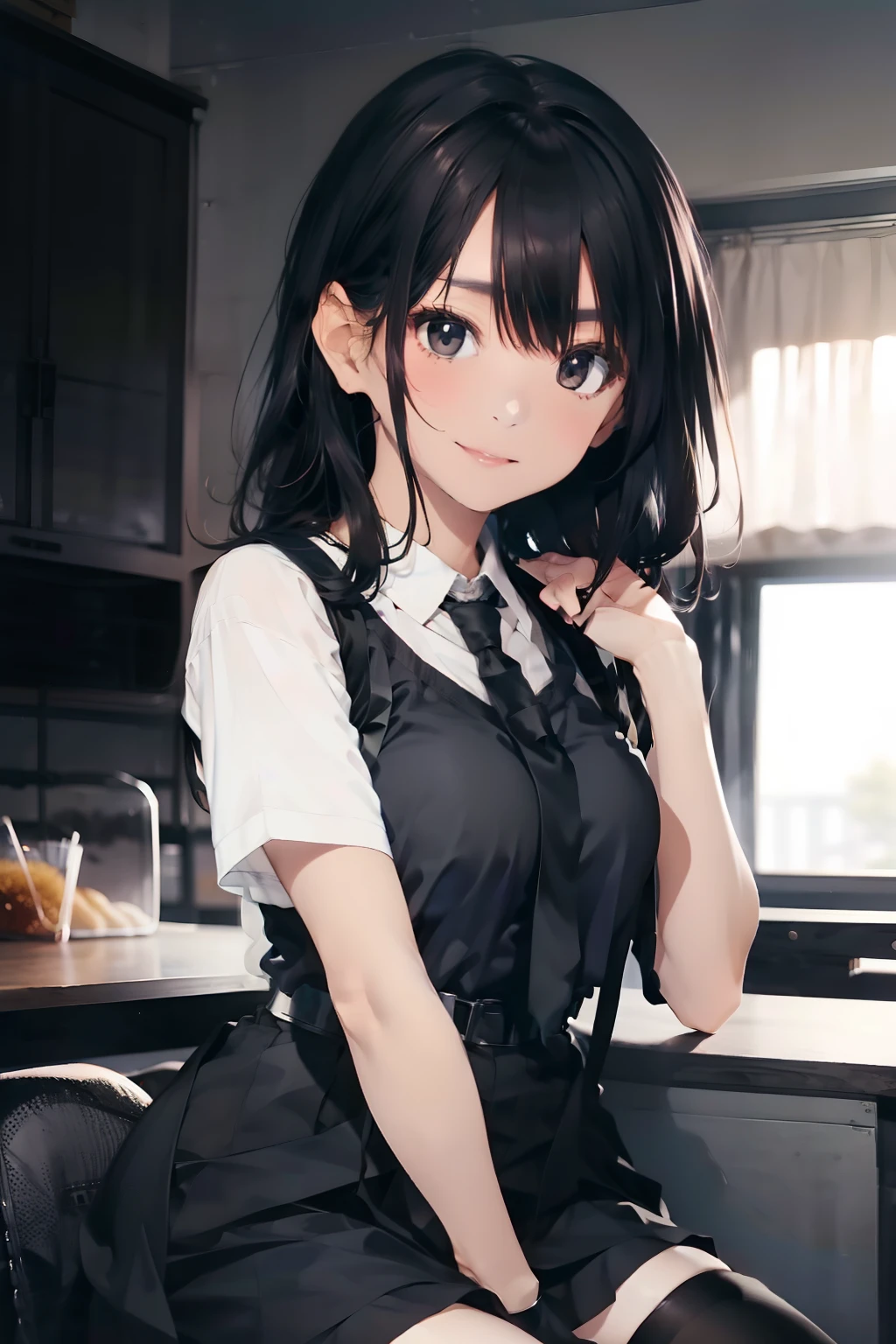 a black skirt, Neck tie, Black tank top　Suspenders, Long black hair, Gray eyes, Holster, leg-garter, moderate breast, Hands above your head, Big breasts, Pichi Pichi clothes, Both sides