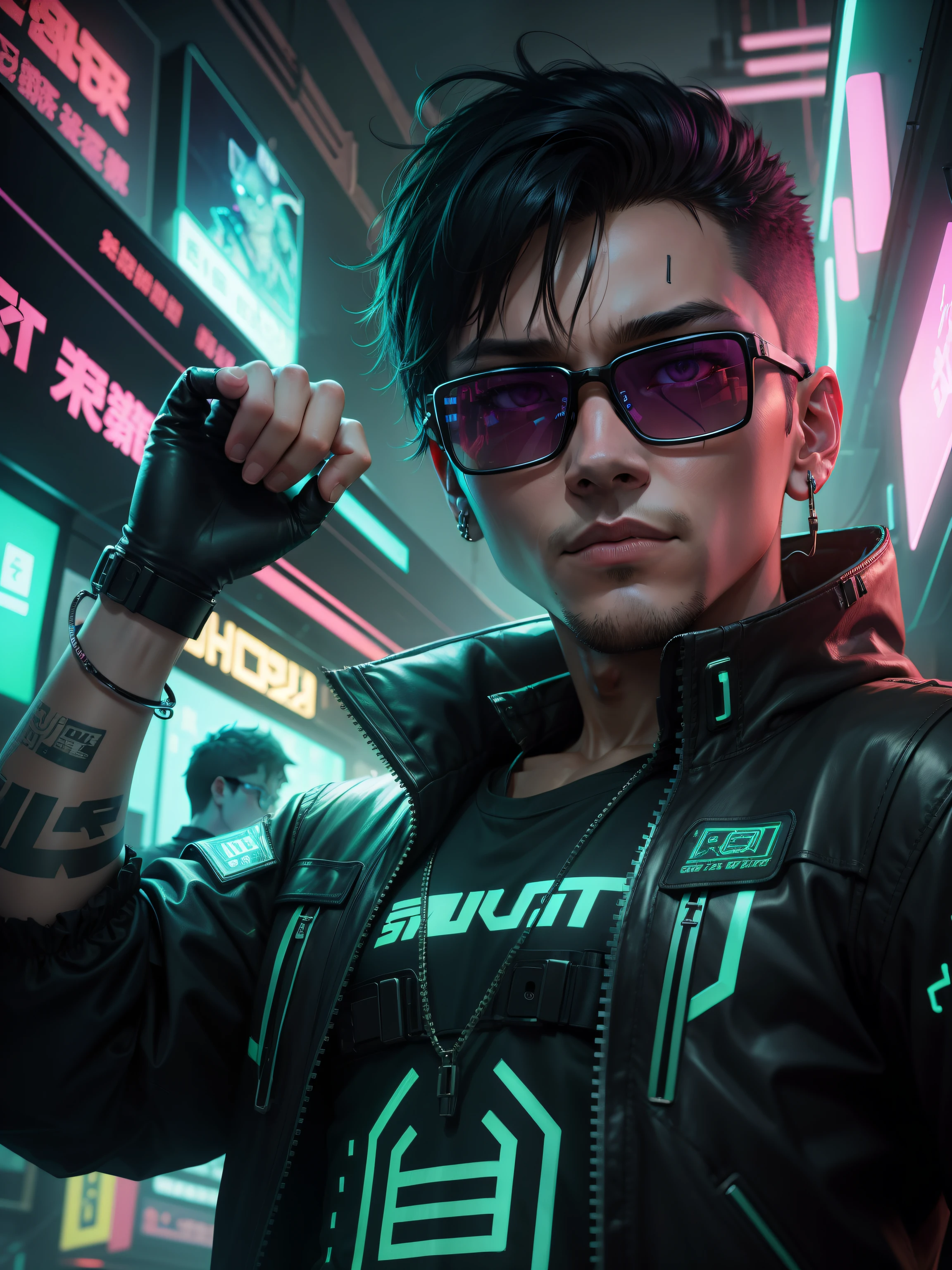 Cyberpunk, mart boy, neon, background chang and background cat,