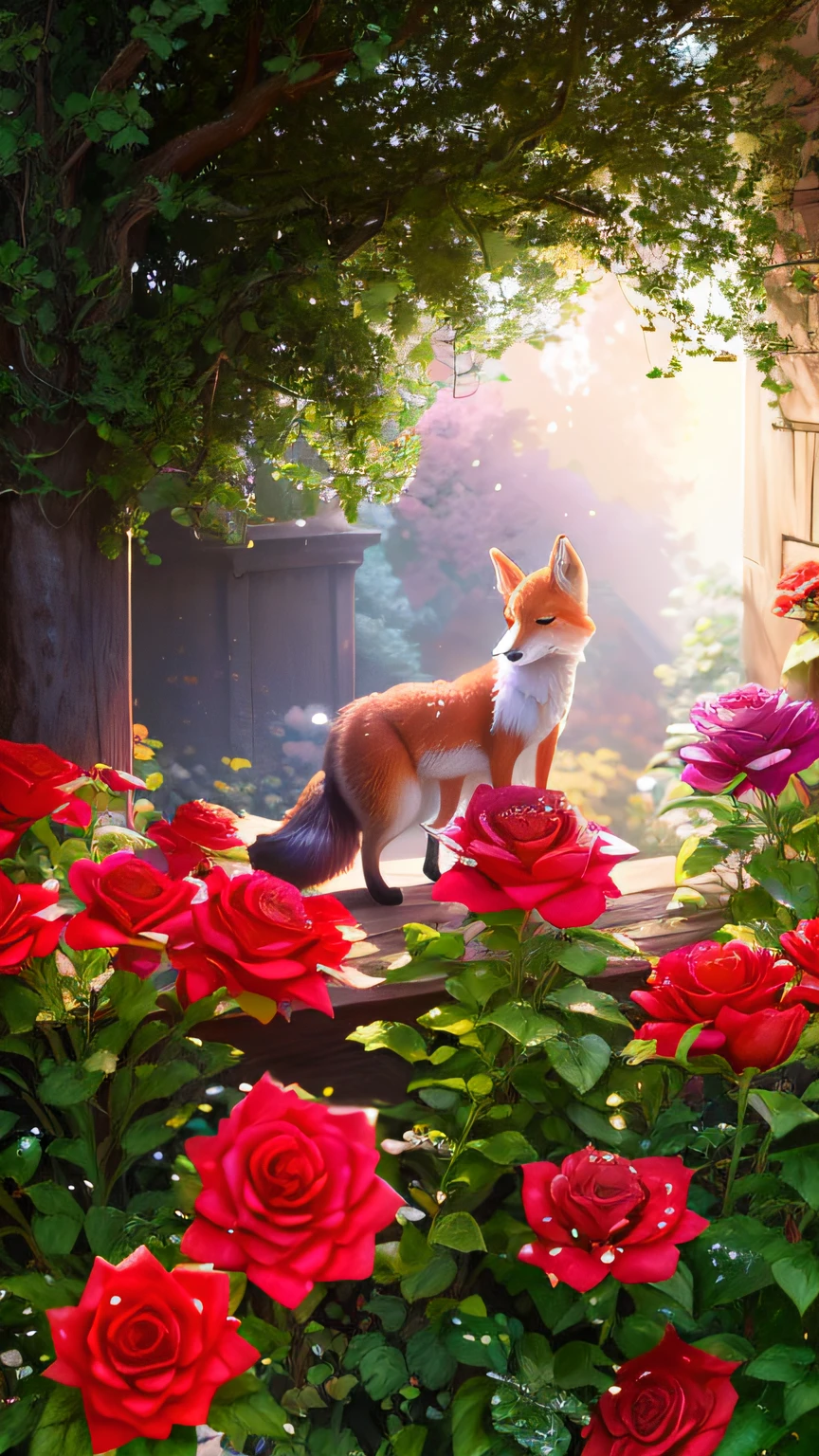 On the windowsill in the garden stands a fox, fantasy fox love, Cute fox, radiant morning light, ethereal fox, Beautiful digital artwork, miniature fox, lovely digital painting, Beautiful wallpaper, fox animal, amazing wallpapers, Very Beautiful Digital Art, beautiful iphone wallpaper, author：Alexander Kucharisky, digital art animal photo, Cute detailed digital art, beautiful digital art