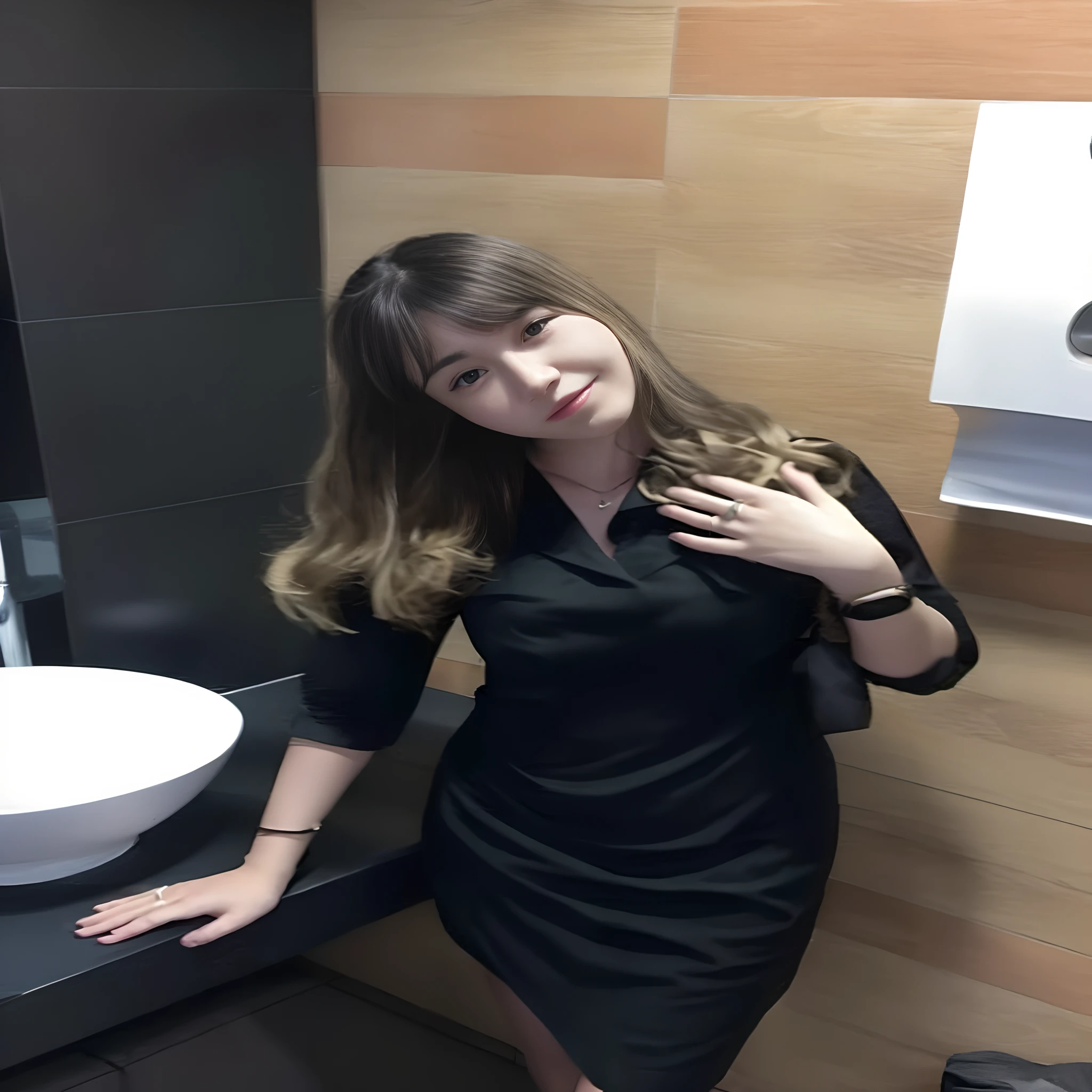 there is a woman standing in a bathroom with a lingerie,18 y o,big boobs
