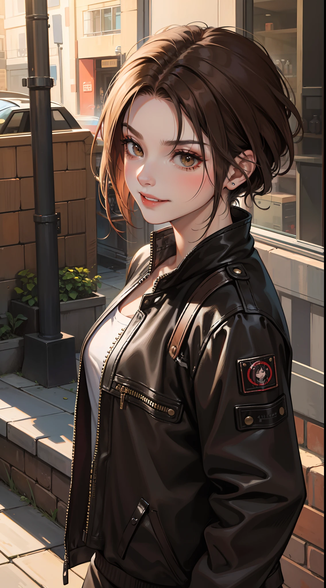 Adult woman, Orc fangs, short brown hair, Punk hairstyle, Brown eyes, ciberpunk, The Monk of Street Fighting, brawn, smirk, Masterpiece, hiqiquality