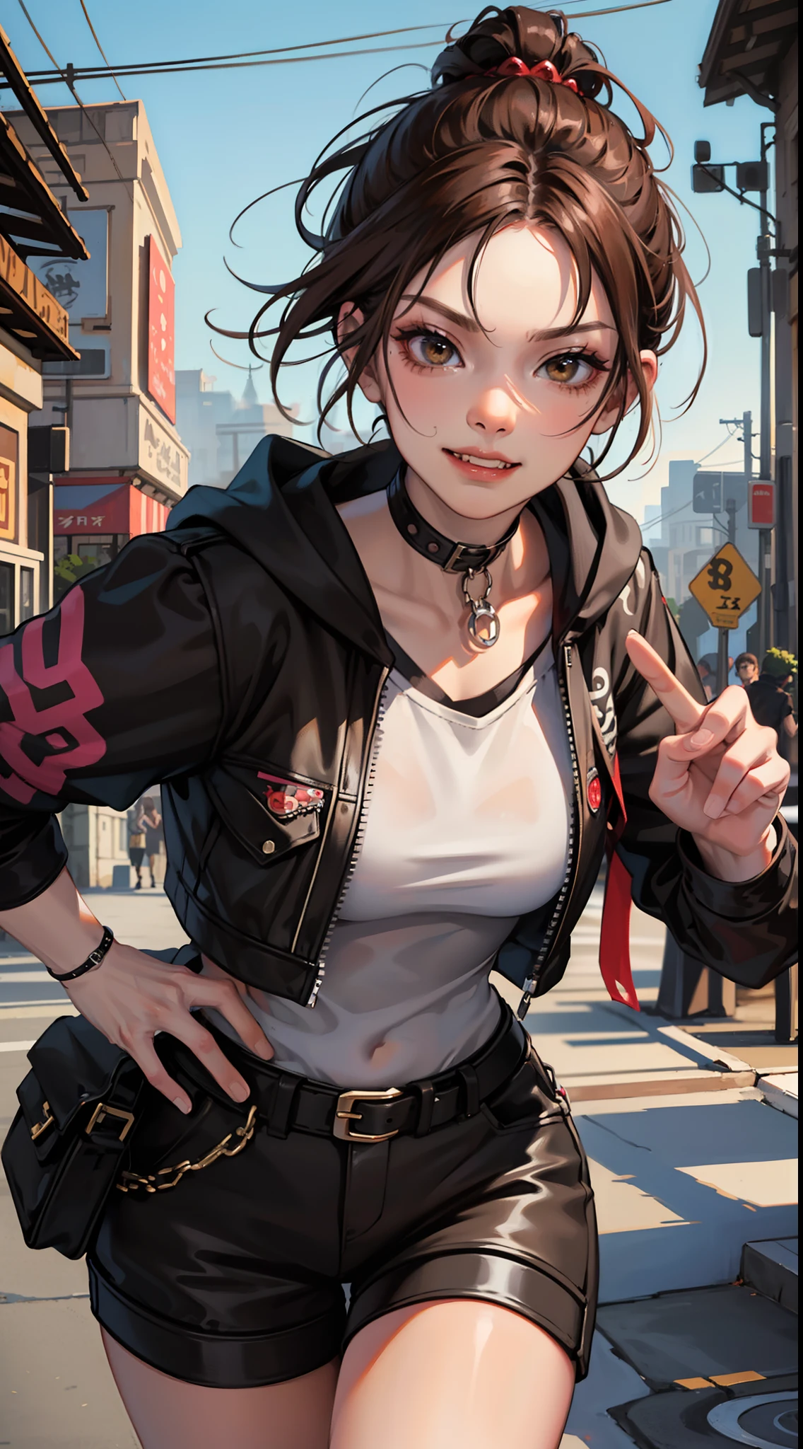 Adult woman, Orc fangs, short brown hair, Punk hairstyle, Brown eyes, ciberpunk, The Monk of Street Fighting, brawn, smirk, Masterpiece, hiqiquality