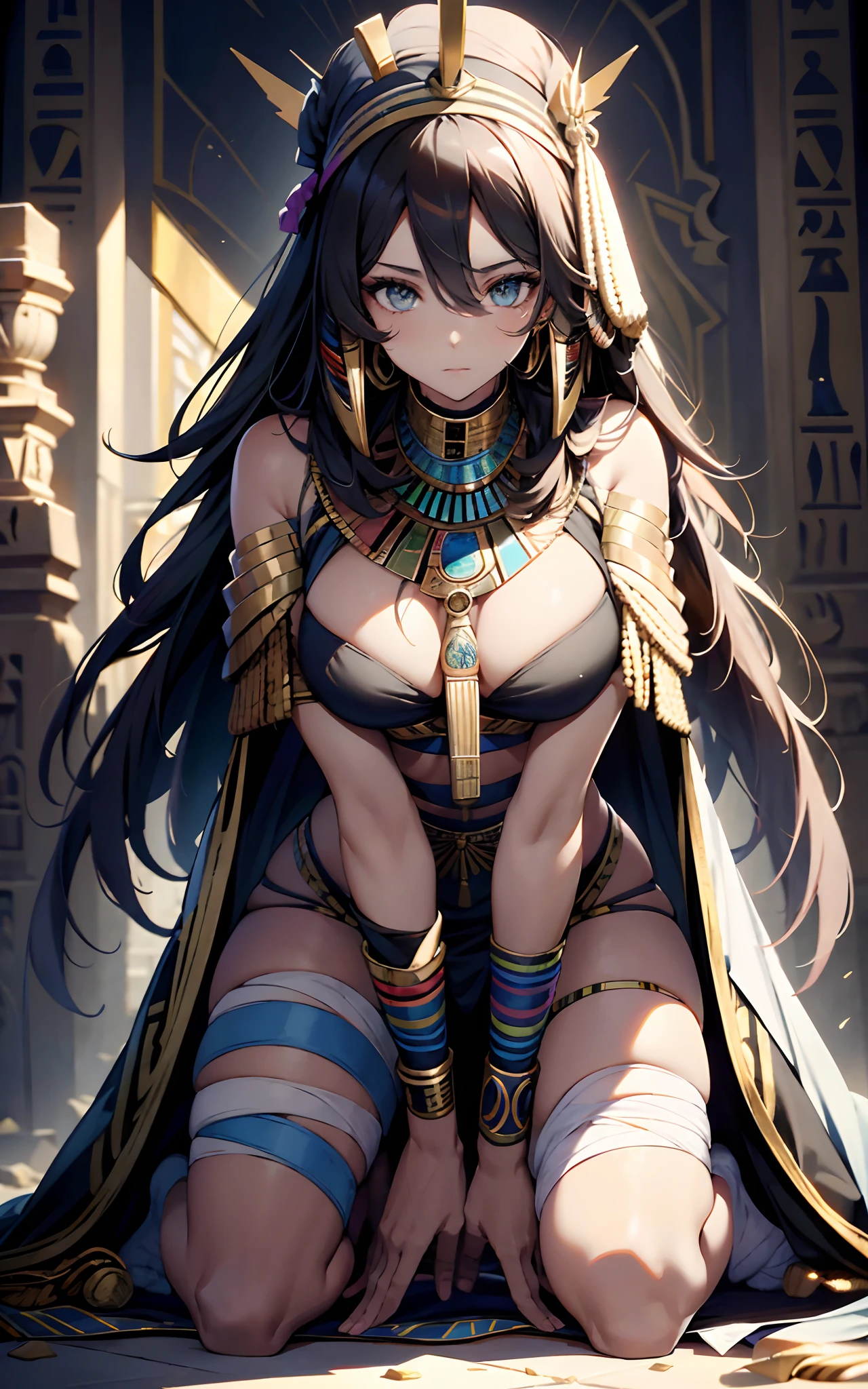 best qualityer,tmasterpiece,Ultimate resolution,downy,Extremely colorful,Colorful,Ancient Egyptian mummy beauty,(Kneeling pose,point you by ass)(Kneeling pose),(point you by ass)Beautiful woman wrapped in bandages,Bandages all over the body,bandagens,,Bare legged,Normal posture,Normal posture