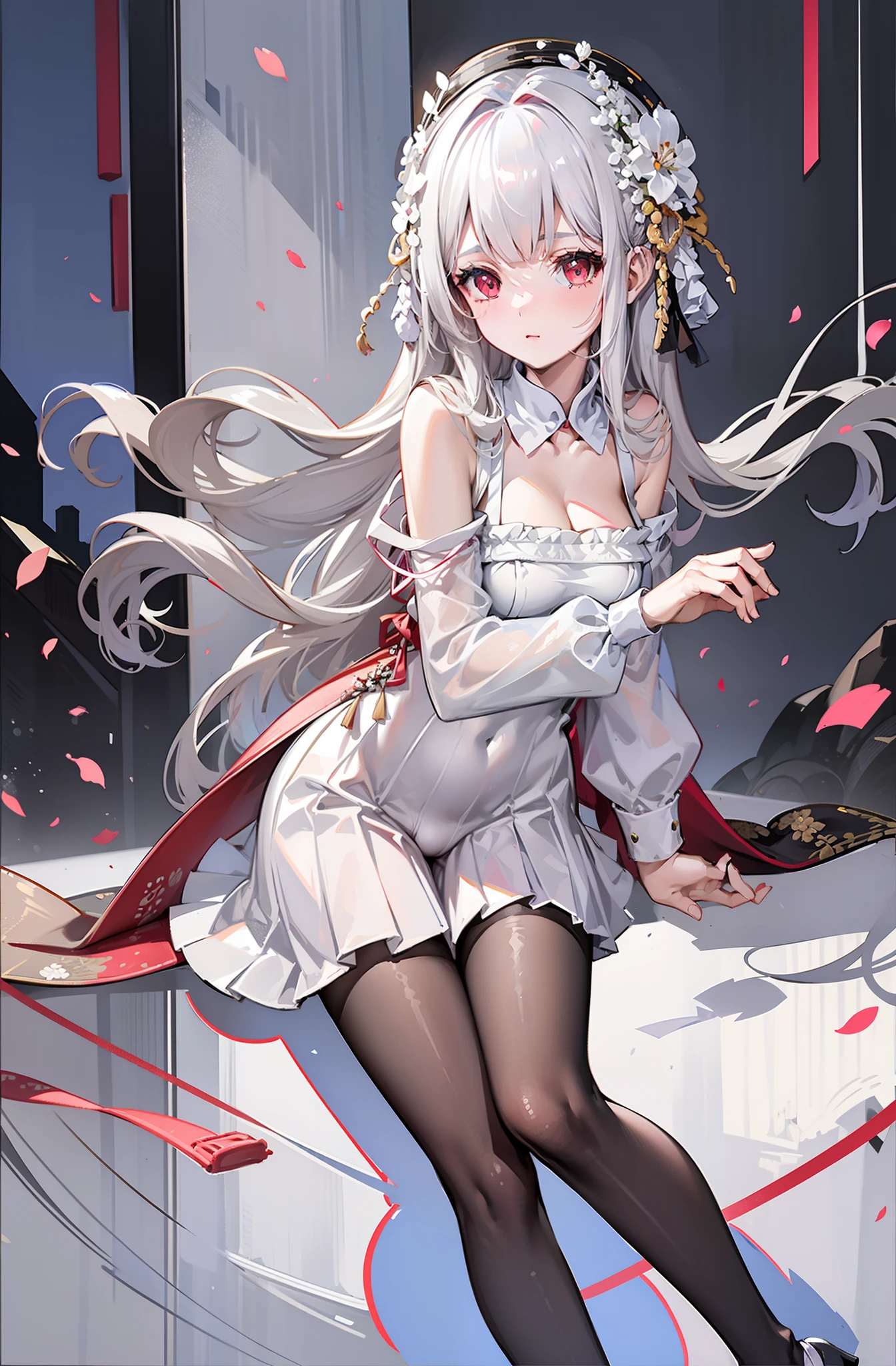 one-girl，Full body in camera，full bodyesbian，C cup,（tmasterpiece），（best qualtiy），（A pink-haired，long whitr hair：2，White flower decoration，White hairpin），（black pantyhoses，lacepantyhose，stocklings，Full body pantyhose），（Black bandeau cheongsam，Silk cheongsam），Bare back，Shoulders exposed，Chest exposure，（panties are visible：1.5，White panties），鎖骨，（Hold your cheeks with your hands，tilts your head），（cuteexpression，ssmile，Playful），（Be red in the face，putting makeup on， Blushlush），（White high heels，Pink cherry blossom decoration），（Light red carpet，Golden decoration），SakuraNS， the night，have to pee，Pee，pissing，Pee yourself，Top lighting，16k，High- sharpness，high qulity，wide wide shot，Bright colors
