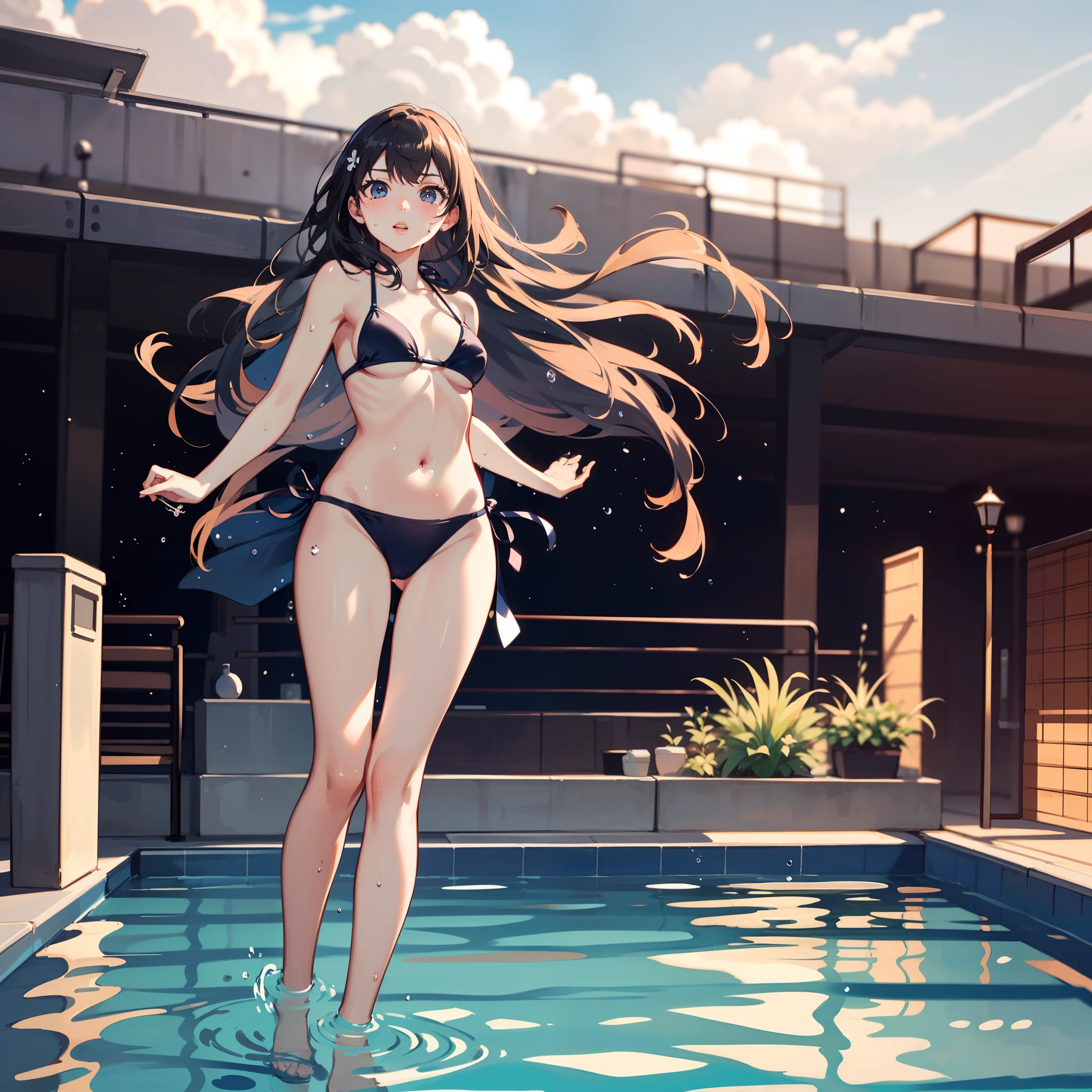 Wearing sweat,dutch angle shot,ground-level shot,low angle,full body shot,medium shot:1.8,Mid summer,The bikini,Night Pool:1.8,jumping into the pool,Blowing in the wind,Wet hair,2 girls in , (Raw photo: 1.2), (Realism: 1.4), (masutepiece: 1.3), (exquisite detailing: 1.2), kiss,Delicate and beautiful details, (Eye Detail), (Facial Detailed), (Highest Quality) :1.4), (Hyper-Resolution: 1.2), cinematric light, (very detailed illustration), Best Quality,depth of fields, Wide light, natural shadows