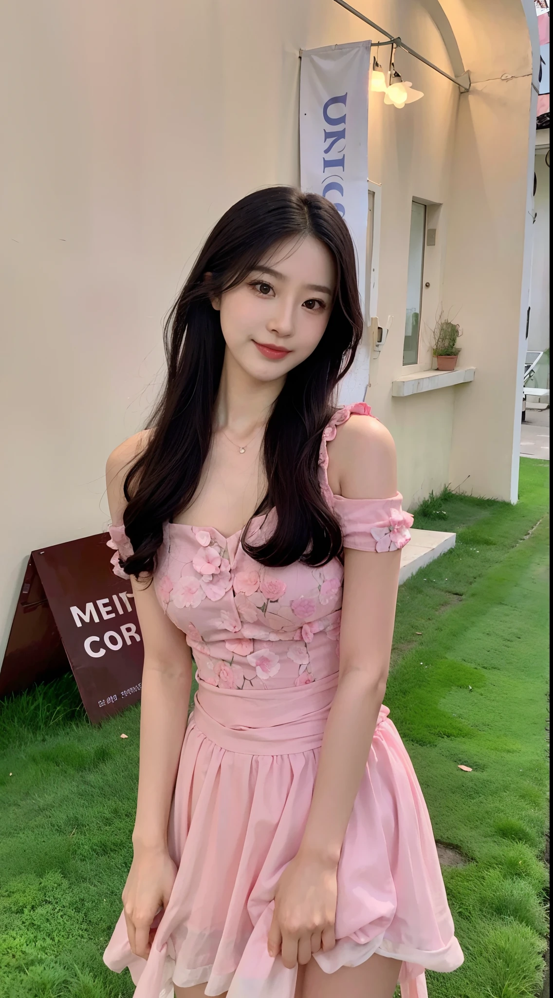Close-up of a woman in pink dress standing on green lawn, Wearing a pink dress, young and cute girl, Wearing a pink dress, Pink floral dress, ulzzangs, beautiful pretty young, xintong chen, a cute young woman, beautiful Korean women, cute young woman, Gorgeous young Korean woman, cute beautiful, Beautiful young Korean woman