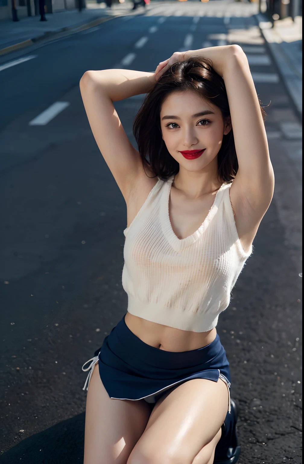 ((Show underarms、Pull the skirt down to the knees、Pull the skirt down to the knees、Ultra-realistic armpits、、Armpit、Detailed armpit wrinkles、Detailed armpit pores、Realistic armpit skin、Black armpit skin、Black armpits、Armpit poses、Super mini skirt with slit up to the top of the skirt、The length of the skirt is 18 cm、gazing at viewer、smil、witheout panties、Skirt lowered to knees、Standing on the street、In the street、in a street)), (illustratio), (hight resolution), (8K), (ighly detailed), (The best illustrations), (armpit pose、beatiful detailed eyes), (top-quality), (ultra-detailliert), (masterpiece), (wall-paper), (详细的脸), (A smile、((40 years,red lipsticks,femele,Show realistic armpits))、Brown hair,short-hair,((Show underarms、Navy blue sleeveless short sweater、No panties、No Panties Women)), japanes,