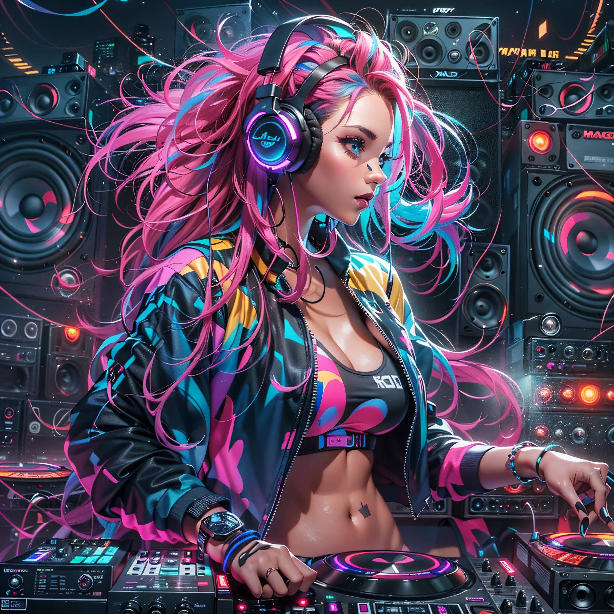 masuter piece、super-fine、A hyper-realistic、Beautiful female artist in DJ suit with black top and headphones、dj set、Sportsbra、headphones dj rave, Sportsbra, headphones、dj at a party、dj rave party、CGstation、(((Huge speaker in background)))、(((All walls are speakers)))、(colourful hair)、Glowing hair、inner colored、smokey