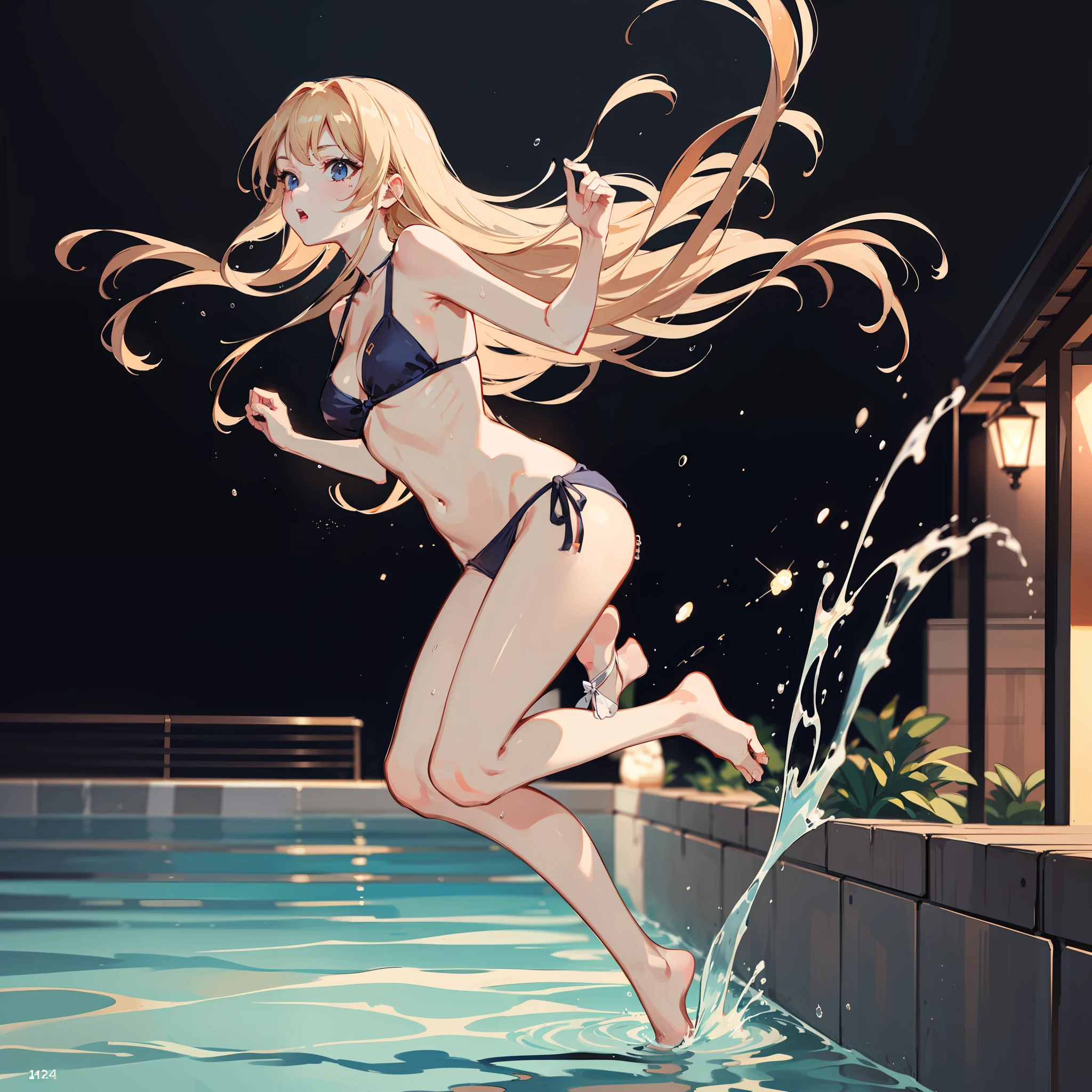 Wearing sweat,dutch angle shot,ground-level shot,low angle,full body shot,medium shot:1.8,Mid summer,The bikini,Night Pool:1.8,jumping into the pool,Blowing in the wind,Wet hair,2 girls in , (Raw photo: 1.2), (Realism: 1.4), (masutepiece: 1.3), (exquisite detailing: 1.2), kiss,Delicate and beautiful details, (Eye Detail), (Facial Detailed), (Highest Quality) :1.4), (Hyper-Resolution: 1.2), cinematric light, (very detailed illustration), Best Quality,depth of fields, Wide light, natural shadows