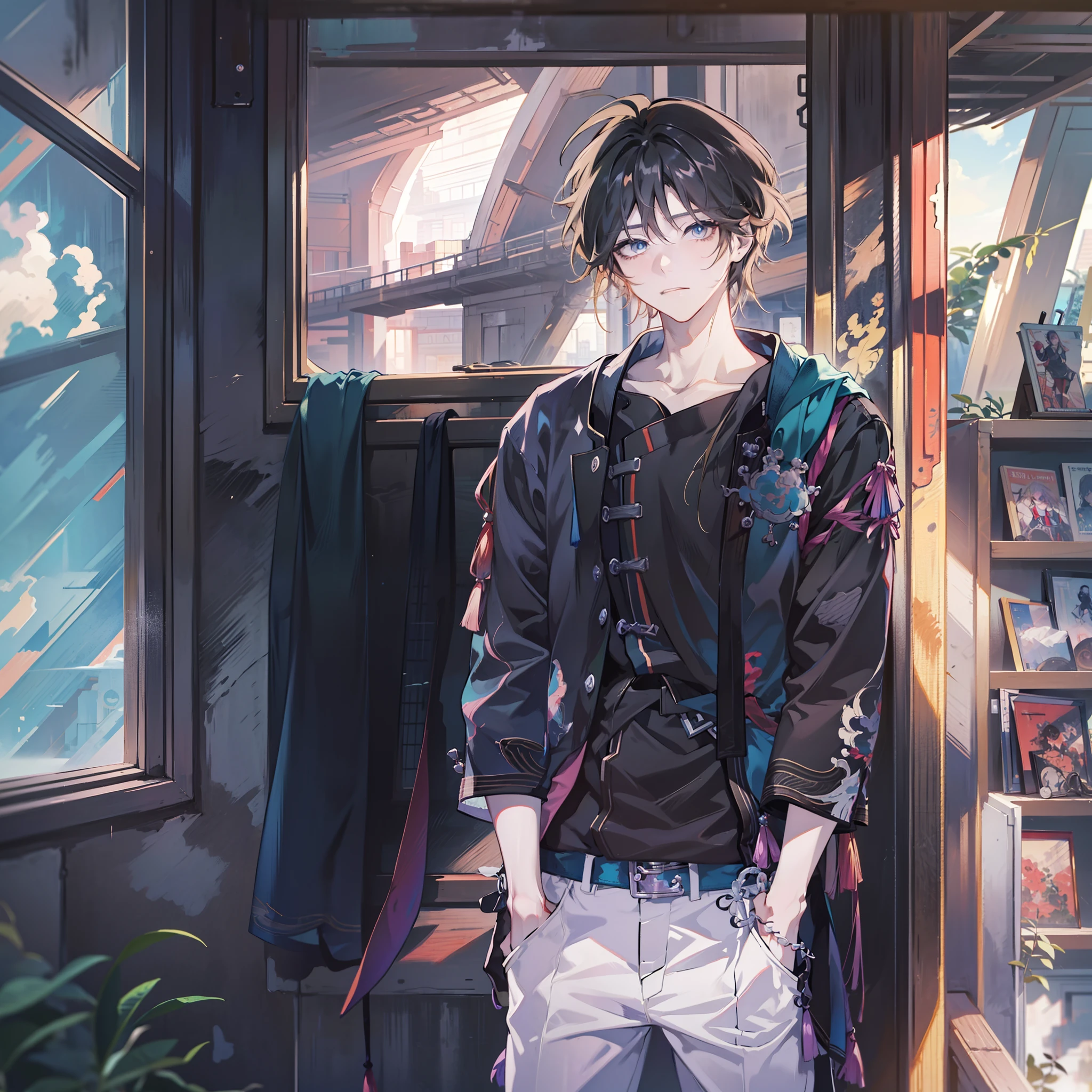 Anime boy standing in front of window in black shirt, young anime man, Anime handsome man, Anime portrait of a handsome man, Tall anime guy with blue eyes, Handsome anime pose, Male anime style, Anime boy, style of anime4 K, High Quality Anime Art Style, anime moe art style, Inspired by Bian Shoumin, Anime style portrait, in an anime style