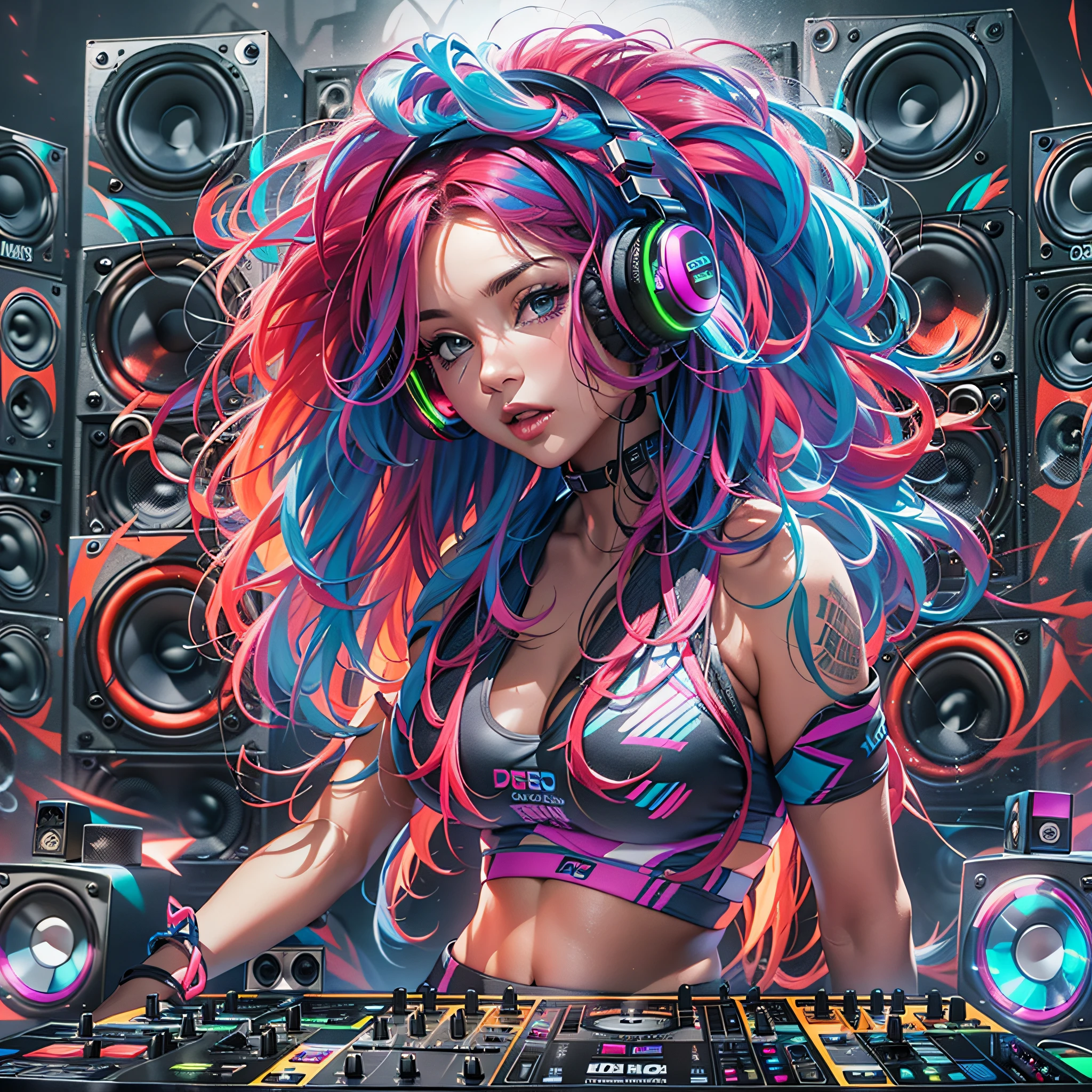 masuter piece、super-fine、A hyper-realistic、Beautiful female artist in DJ suit with black top and headphones、dj set、Sportsbra、headphones dj rave, Sportsbra, headphones、dj at a party、dj rave party、CGstation、(((Huge speaker in background)))、(((All walls are speakers)))、(colourful hair)、Glowing hair、inner colored、smokey