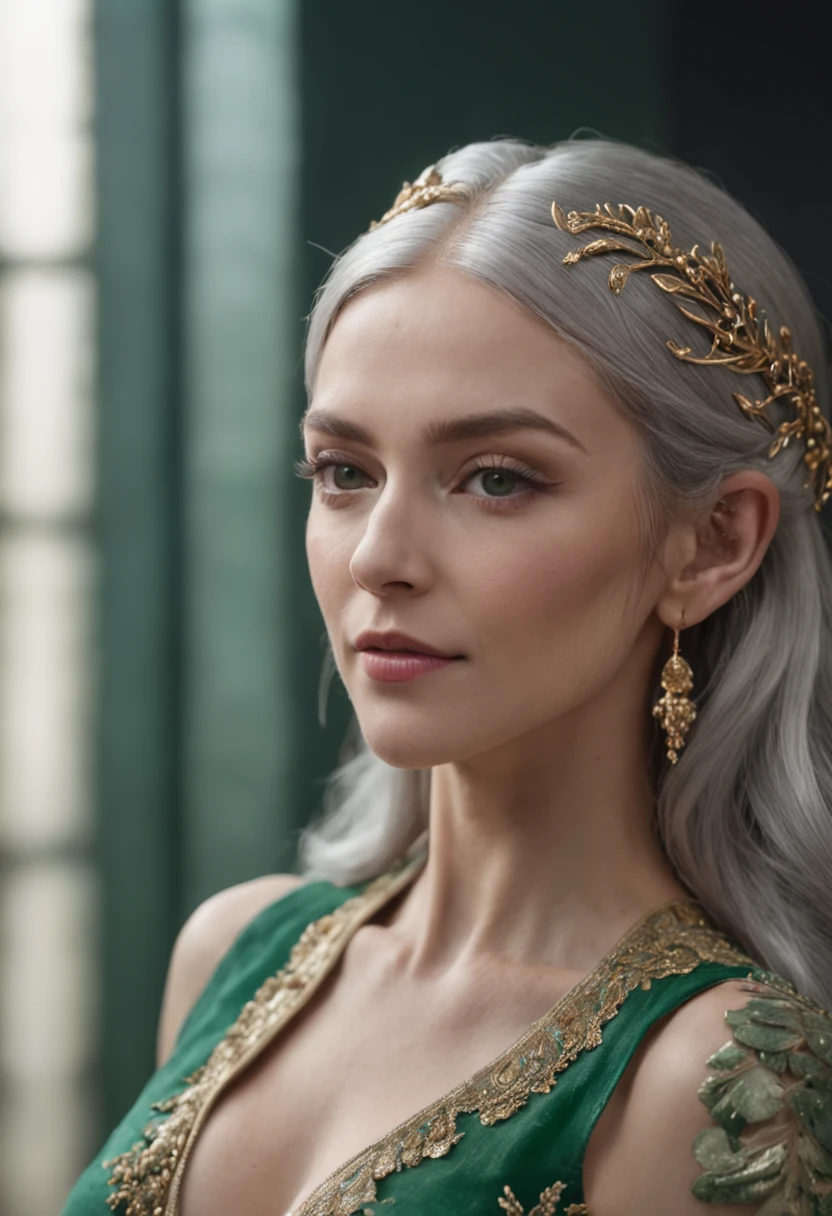 (masterpiece, editorial portrait:1.2), (stunning editorial portrait capturing an elven woman with shimmering silver hair, bright emerald green eyes, and flawlessly smooth skin:1.2), (adorned with gold jewelry around her neck and ears, accentuating her elegance:1.1), (dressed in an elegant green outfit that exudes sophistication:1.1), (set within a professional photographic studio:1.1), (Nikon Z6 camera, perfect for capturing intricate details:1.2), (paired with a Nikon NIKKOR Z 85mm f/1.8 S lens for striking portraits:1.2), (seated on a majestic wooden chair adorned with intricate details:1.1), (the black backdrop of the studio creating a timeless and focused atmosphere:1.1), (her silver hair cascading like a waterfall, highlighting her ethereal beauty:1.1), (her gentle smile exuding both warmth and regality:1.1), (the gold jewelry adding a touch of opulence to her ensemble:1.1), (the vibrant green of her outfit contrasting beautifully against her features:1.1), (the camera lens capturing every nuance of her expression and the texture of her outfit:1.1), (her emerald green eyes reflecting a sense of wisdom and depth:1.1), (the composition and lighting emphasizing her regal aura and elegant demeanor:1.1), (a photograph that transports the viewer to a world of fantasy and enchantment:1.1), (an image that combines ethereal beauty with a touch of elegance:1.1)), Cinematic, Hyper-detailed, insane details, Beautifully color graded, Unreal Engine, DOF, Super-Resolution, Megapixel, Cinematic Lightning, Anti-Aliasing, FKAA, TXAA, RTX, SSAO, Post Processing, Post Production, Tone Mapping, CGI, VFX, SFX, Insanely detailed and intricate, Hyper maximalist, Hyper realistic, Volumetric, Photorealistic, ultra photoreal, ultra-detailed, intricate details, Super detailed, Full color, Volumetric lightning, HDR, Realistic, Unreal Engine, 16K, Sharp focus, Octane render