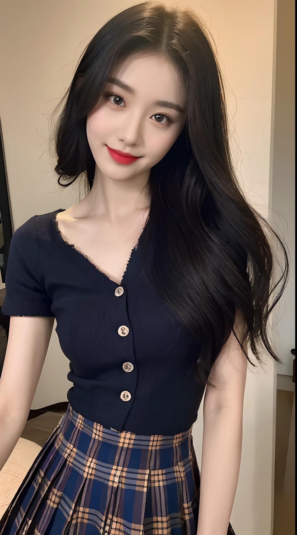 high detal，8K分辨率，超高分辨率，Best image quality，a beauty girl，lipsticks，Love pupils，Peerless beauty，Messy black straight hair，shoulder-length short hair，（Coiled hair）Smooth hair，Intense and beautiful makeup，Exquisite and perfect facial features，the most beautiful big eyes，Be red in the face，Sweet smile，（Wearing a blue lace shirt with buttons，tiese ，Plaid pleated skirt）Open navel，Thin waist，（Full breasts）Get close to the viewer，dynamic angle，Extreme picture quality，Highest accuracy