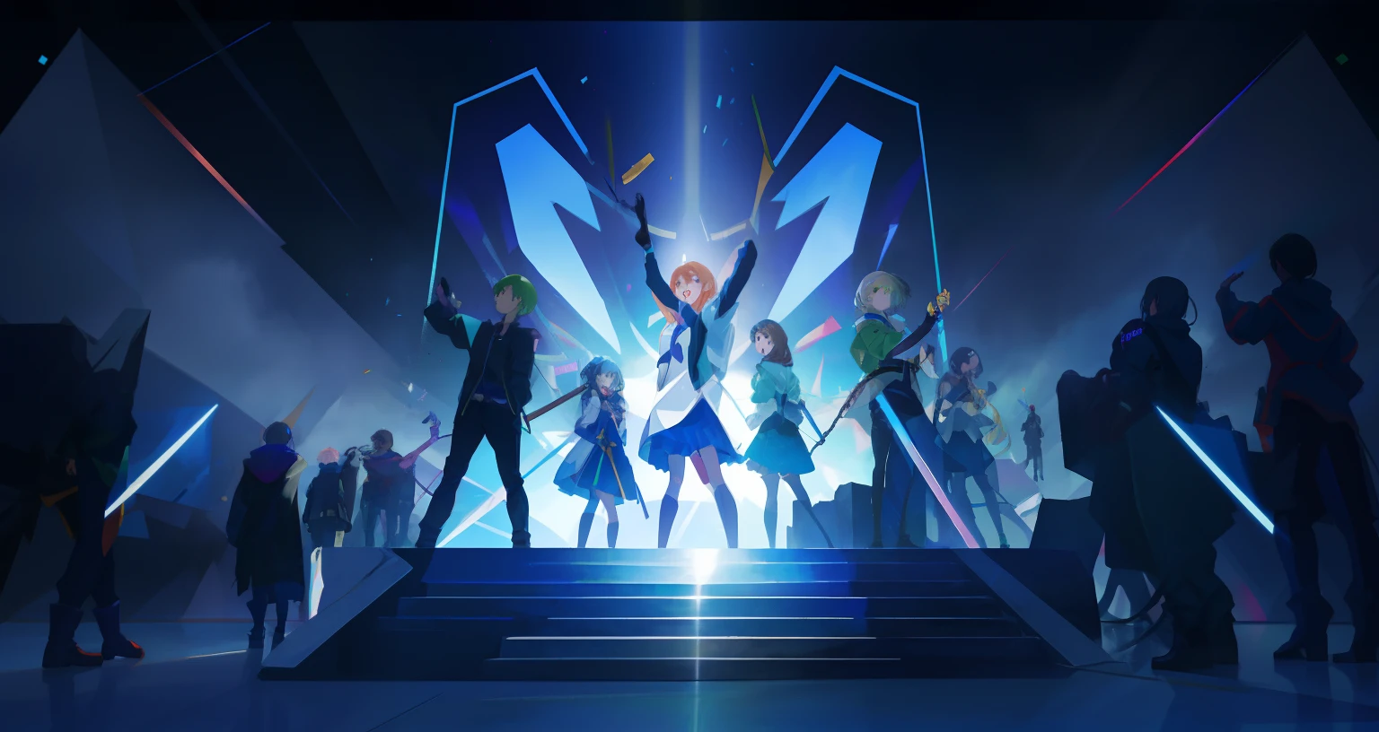 A group of people on stage, Sigma Art Era, Official artwork, promotional art, symetry!! concept-art, high detailed official artwork, anime key visual concept art of, Official anime artwork, Official concept art, anime key visual concept, official fanart, 2 0 2 0 s promotional art, The Idolmaster, offcial art, promo art, Official illustration，Green background